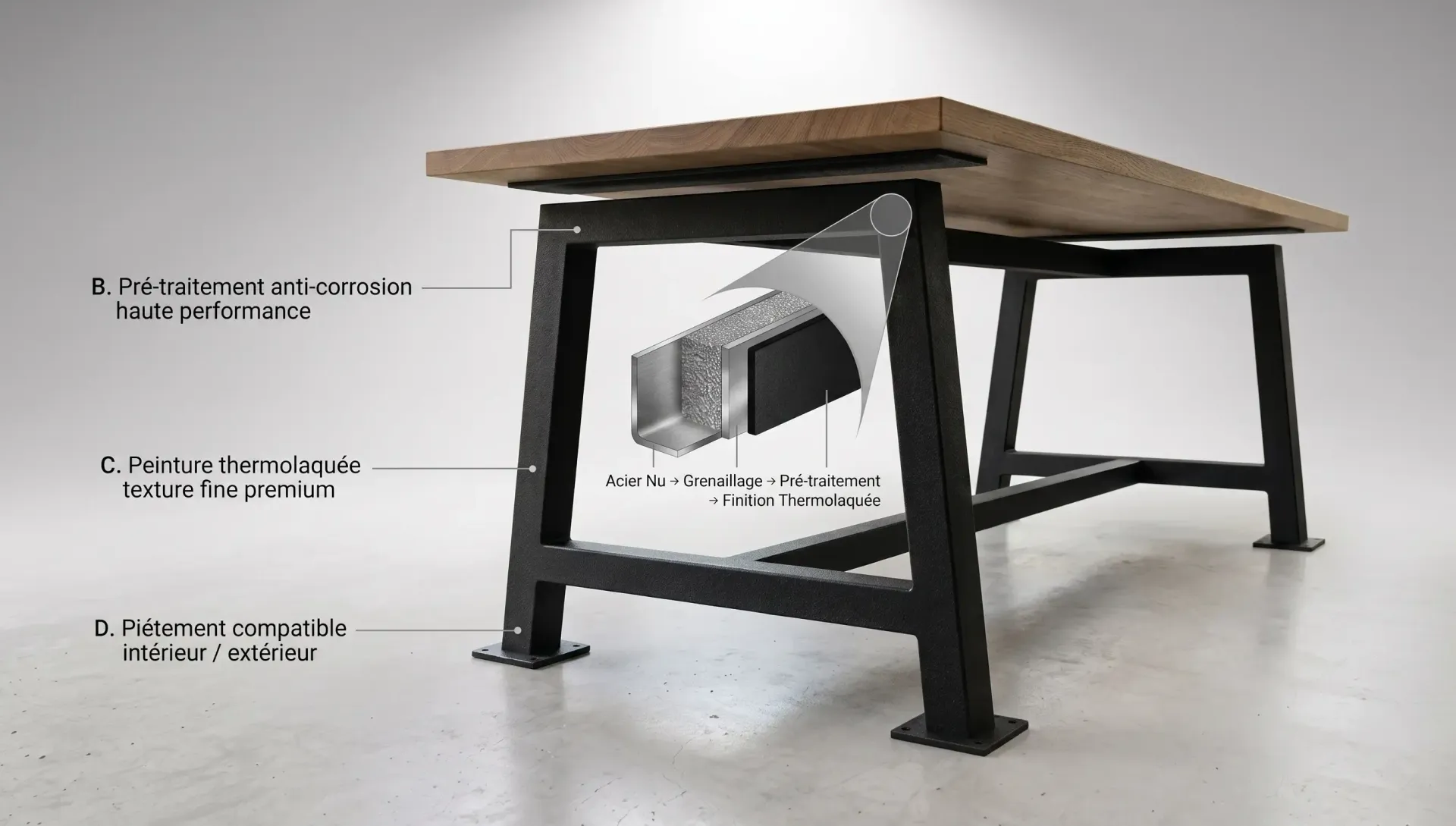 Vue éclatée technique d'un piétement de table en acier noir avec détails des étapes de finition : acier nu, grenaillage, pré-traitement anti-corrosion et peinture thermolaquée.