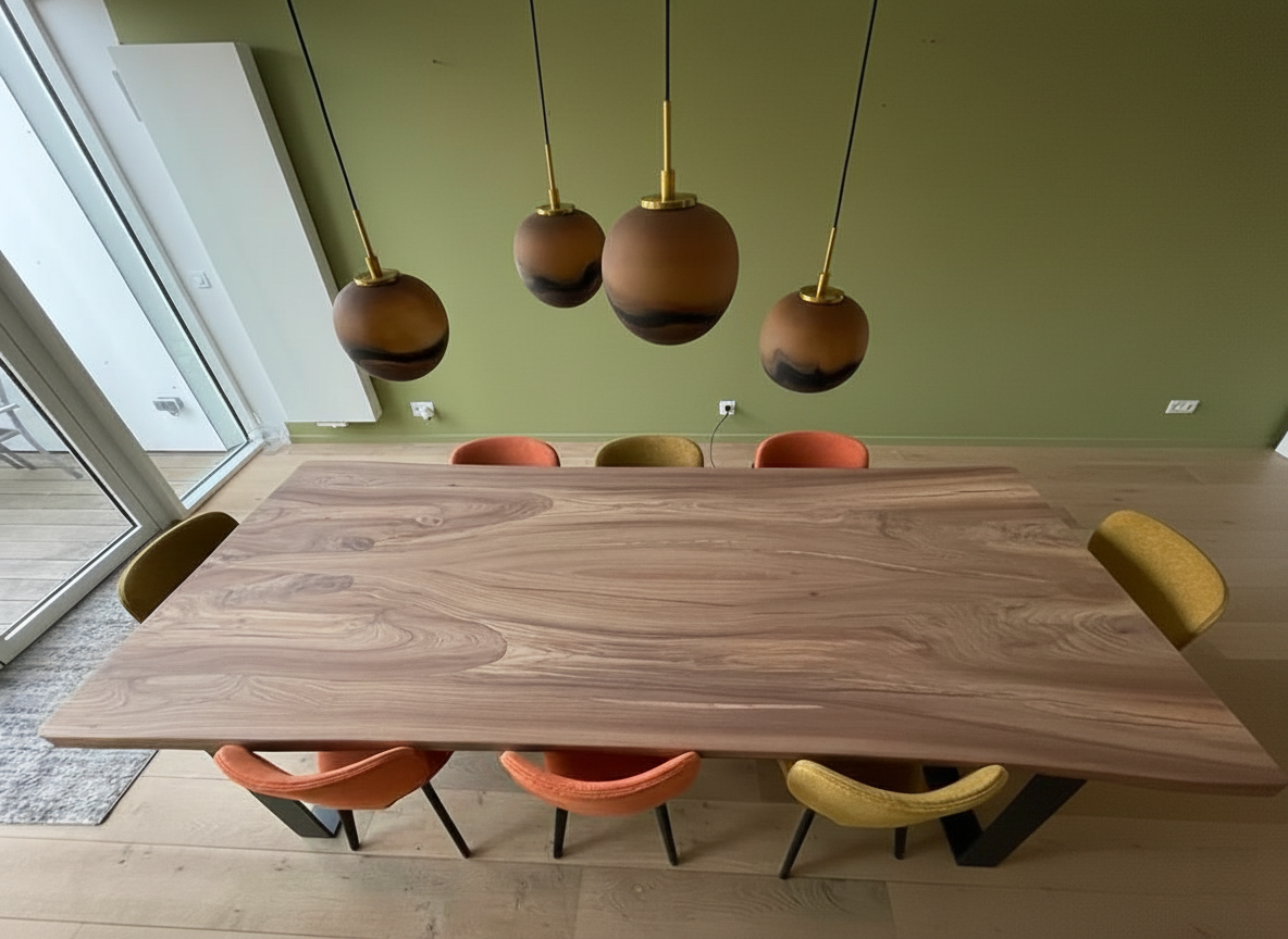 Grande table en orme réalisée sur mesure par un ébéniste artisanal. Nous réalisons toutes les tables possibles.