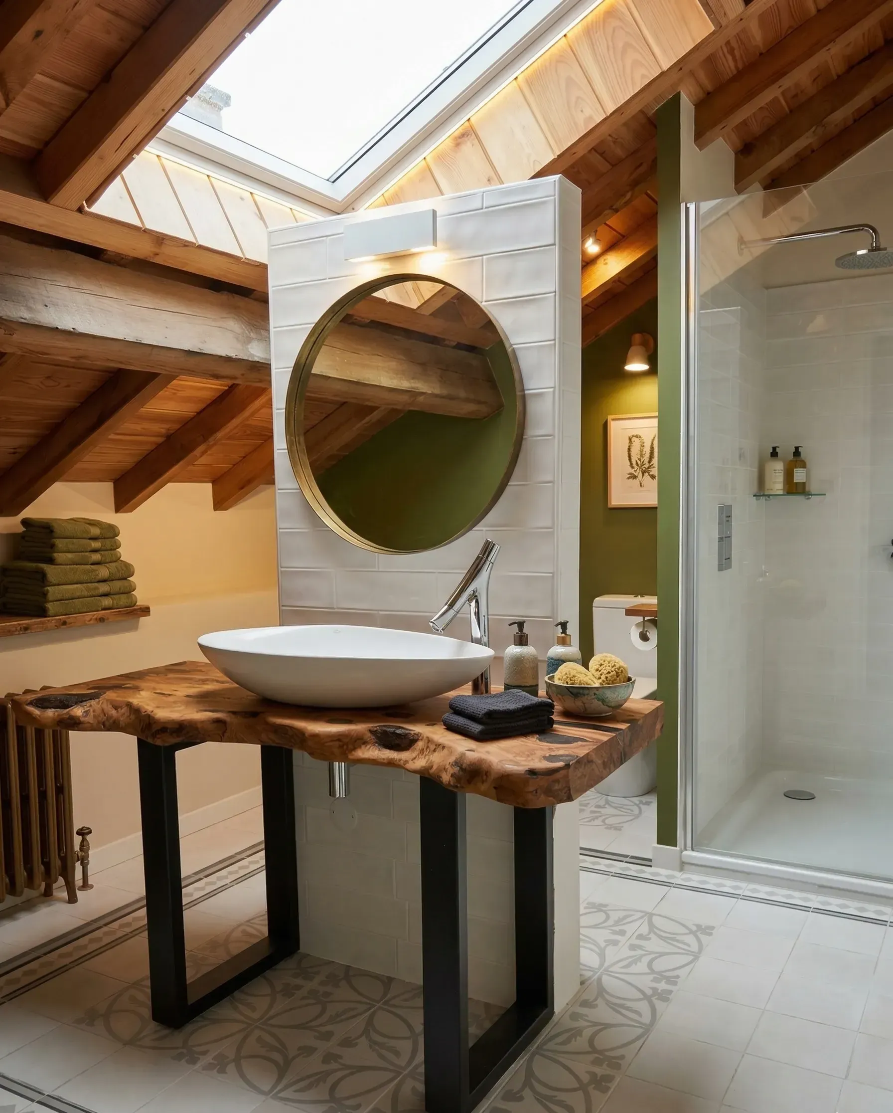 Meuble de salle de bain artisanal en bois massif épais avec vasque blanche dans une pièce mansardée.