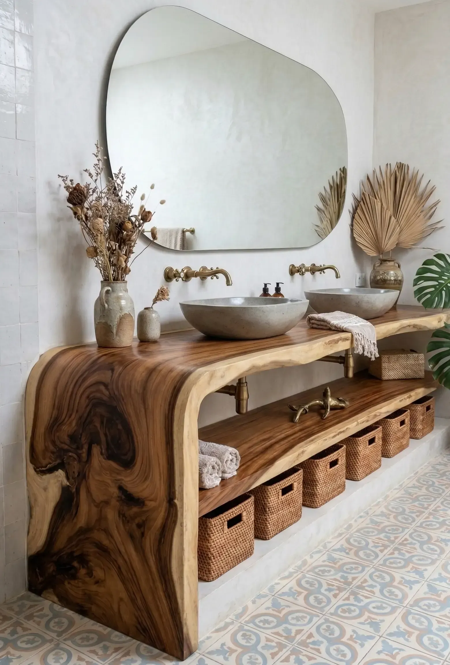 Meuble de salle de bain double vasque de 250 cm en bois de suar massif, doté d'un jambage continu à angle arrondi. Comme taillé dans un tronc d'arbre, le design met en valeur le naturel du bois.