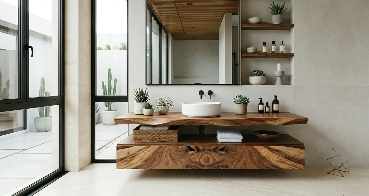 Meuble sous-vasque en bois de suar sculpté artisanal et plan de toilette assorti aux formes libres, dans une salle de bain minimaliste lumineuse ouverte sur un patio.