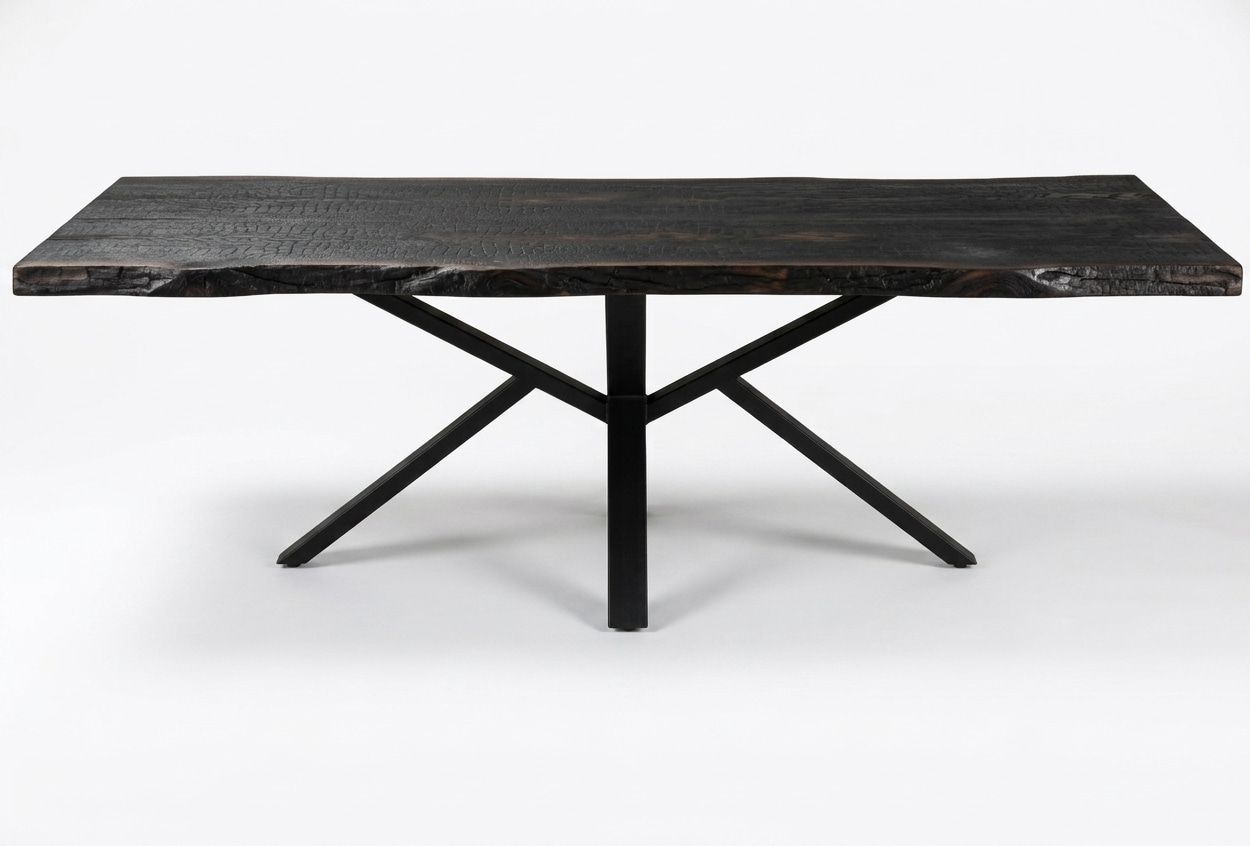 Table de repas monochrome noir profond, alliant un piètement sculptural en métal et un plateau en bois brûlé aux bords naturels. Un total look noir (100% black) au caractère brut. Méthode Shu Sugi Ban.