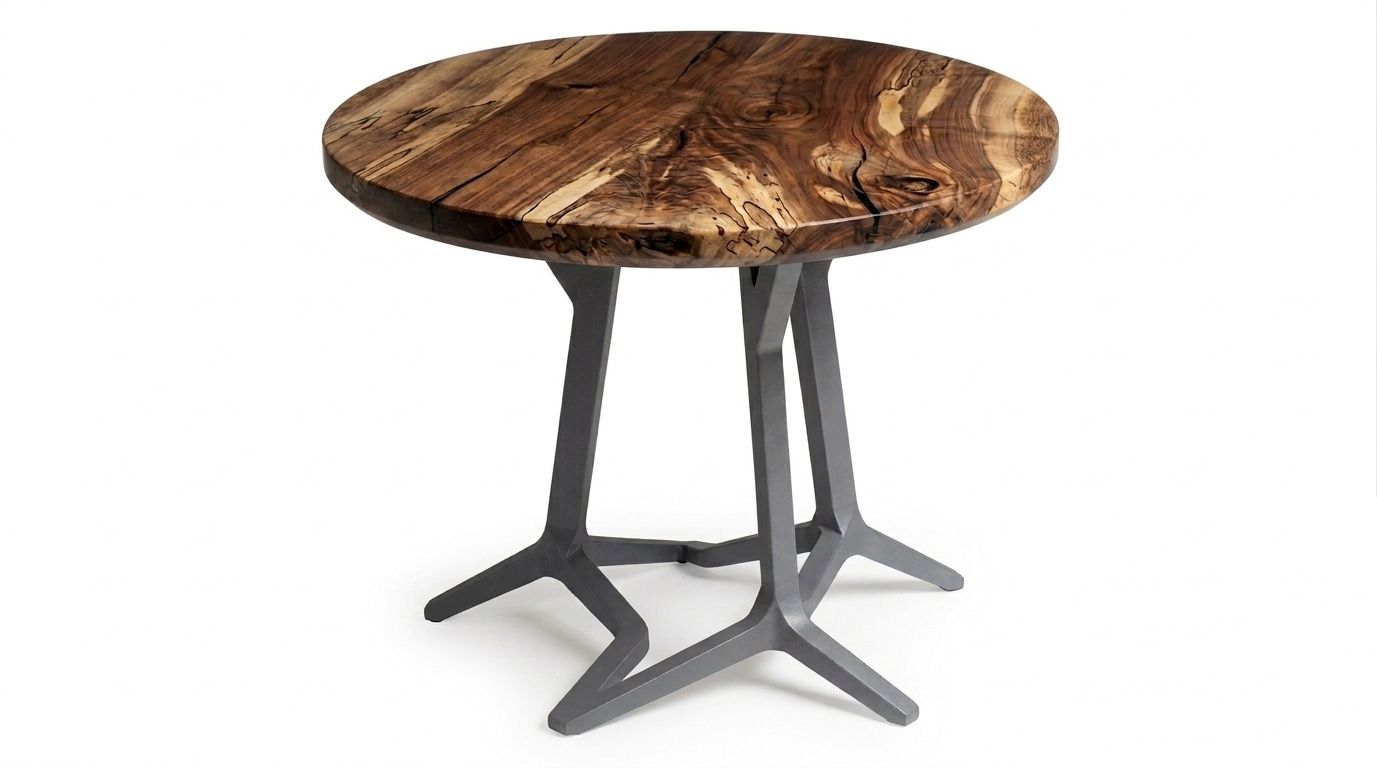 Pied en métal pour table haute ronde, modèle sur mesure COMO. Effet imitation arbre reconstitué.