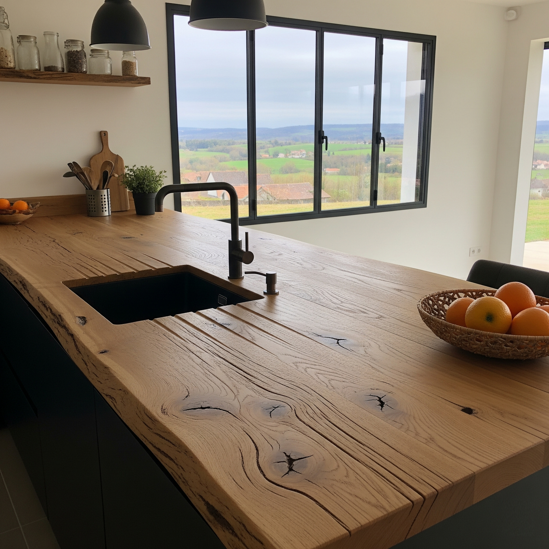 Plan de travail d'îlot de cuisine en chêne massif sur mesure avec évier encastré