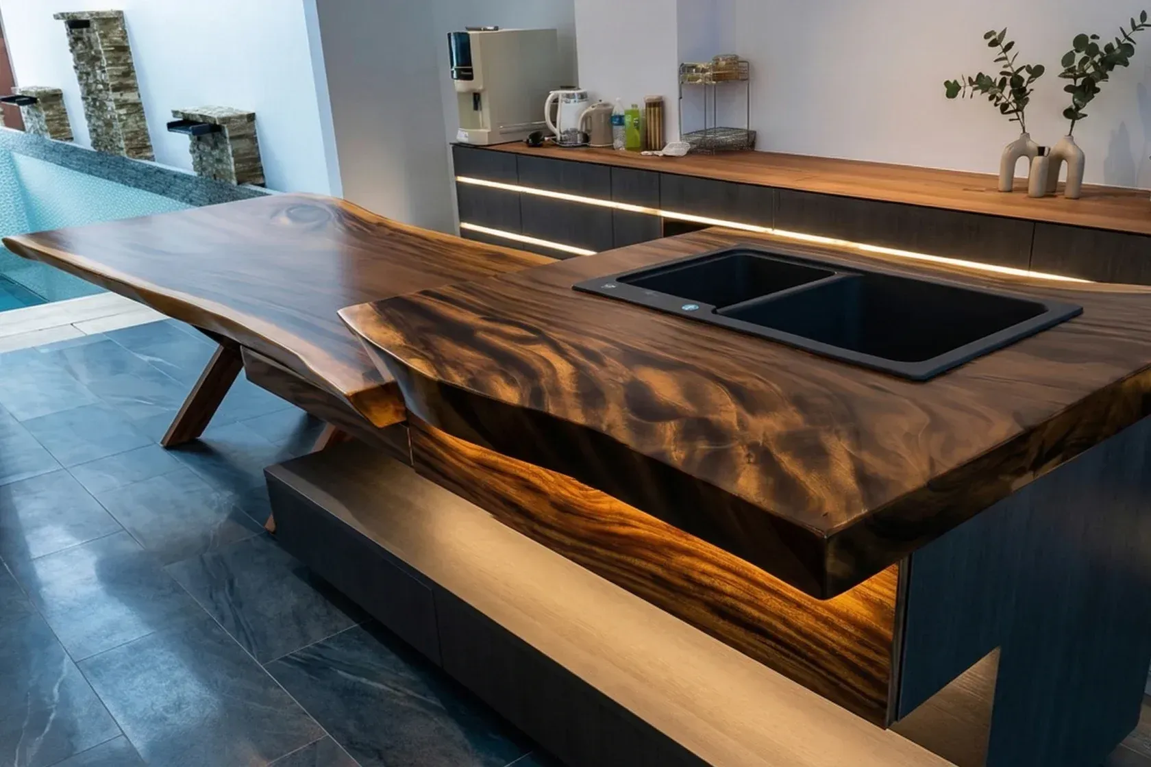 Plan de travail de cuisine en bois massif sur mesure, style live edge . Fabrication artisanale.