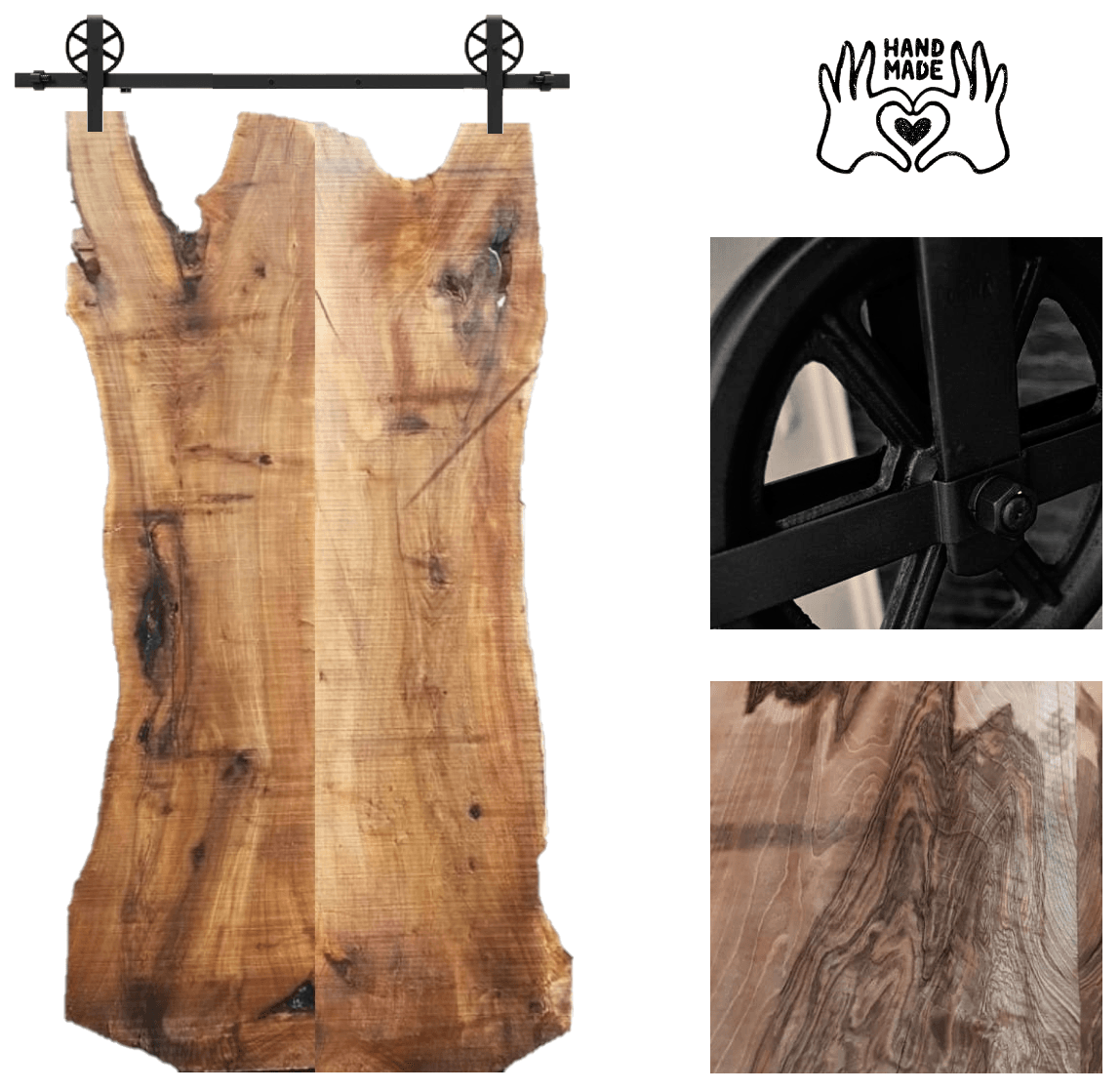 Porte coulissante en bois brut sur rail.