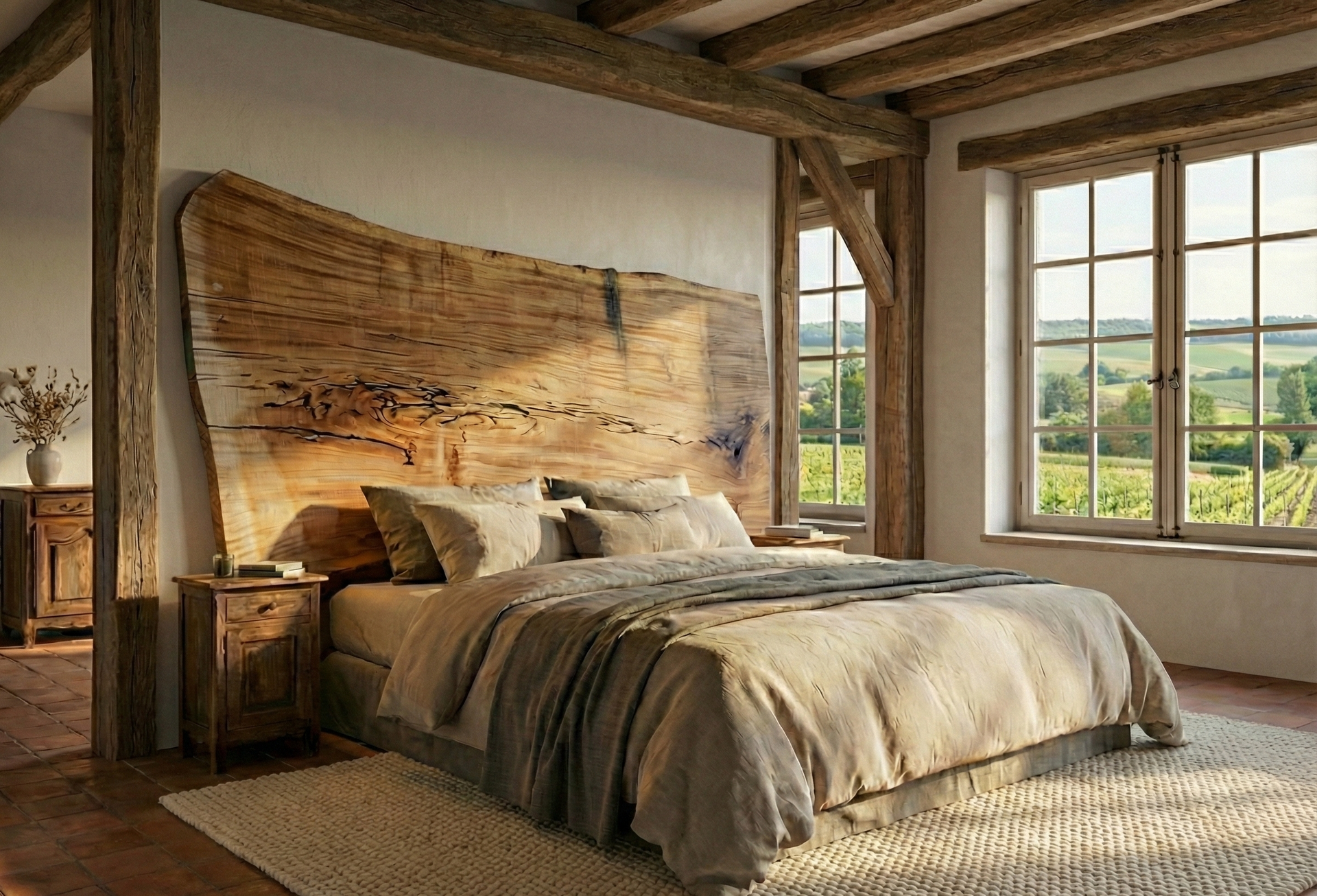 Tête de lit en suar massif brut d'une seule et même pièce. Planche véritable de grande taille.