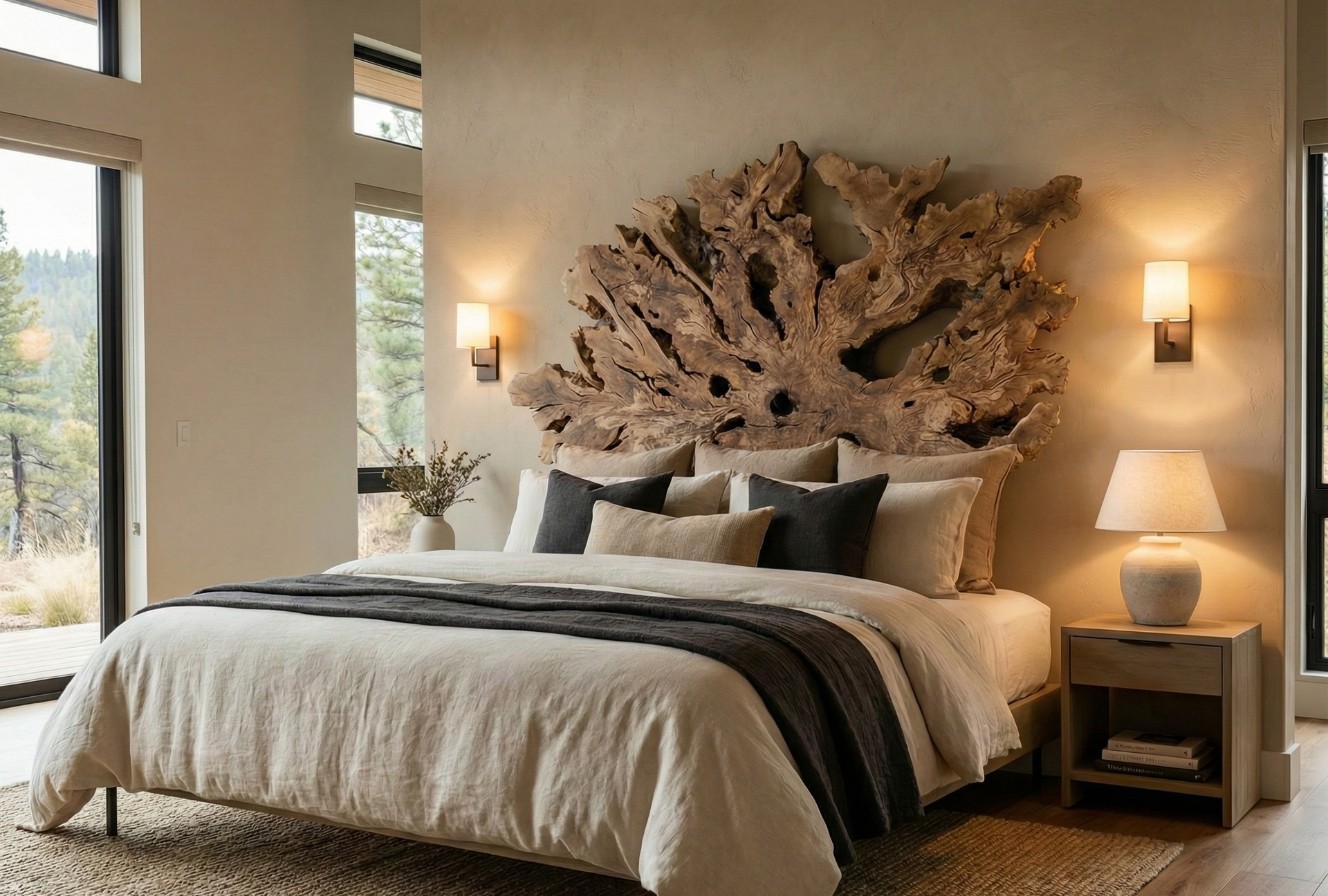 Tête de lit en bois brute, forme ronde telle une tranche d'arbre coupée. Ici, représentée en olivier centenaire avec des formes naturelles très marquées.