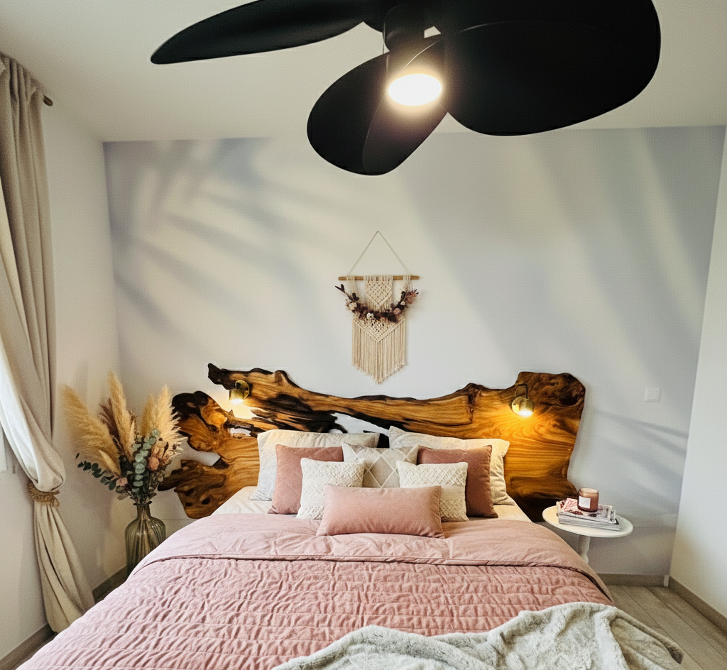 Tête de lit originale en bois massif avec tablettes