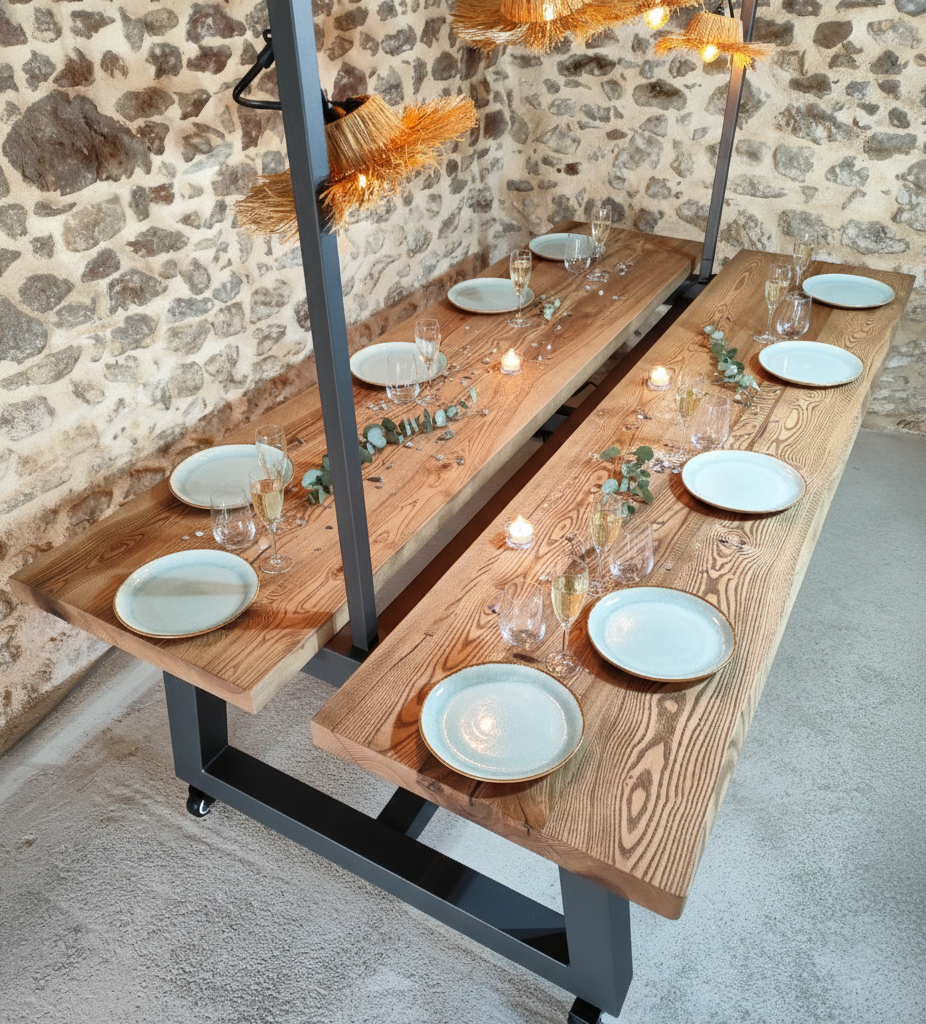 Table d'antan modernisée en laricio massif de Corse. Artisanat Français.