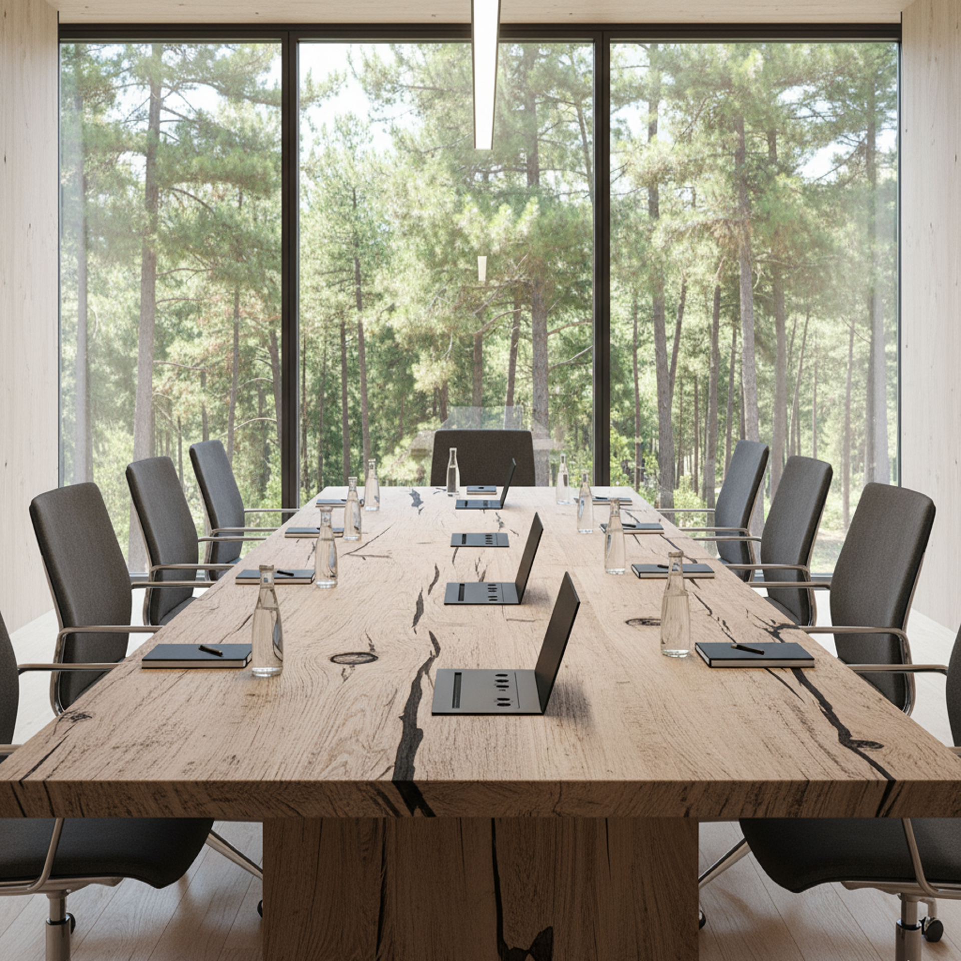 Grande table de conférence bois massif sur mesure avec passe-câbles intégré.