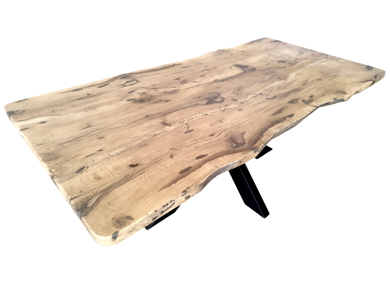 Table sur mesure personnalisée en chêne massif live edge avec son pied central noir mikado.