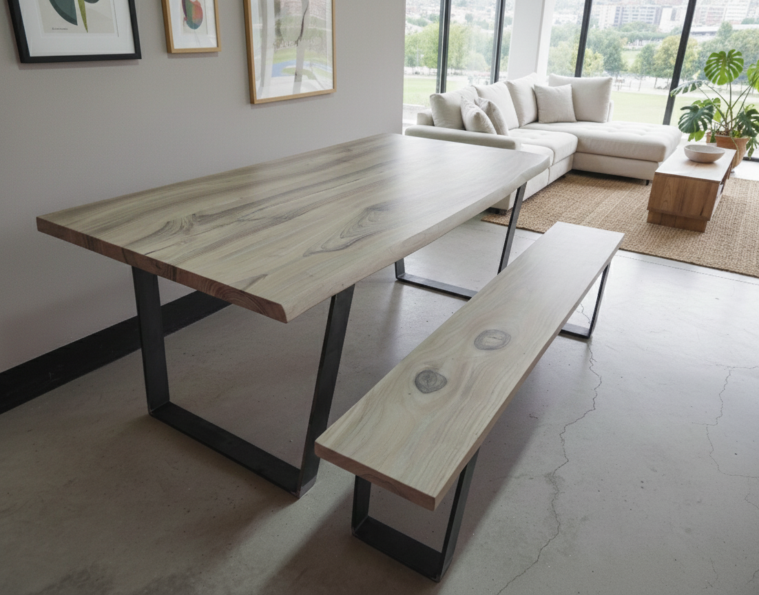 Table de salon en noyer massif avec son banc en bois assorti. Pour une salle de séjour authentique.