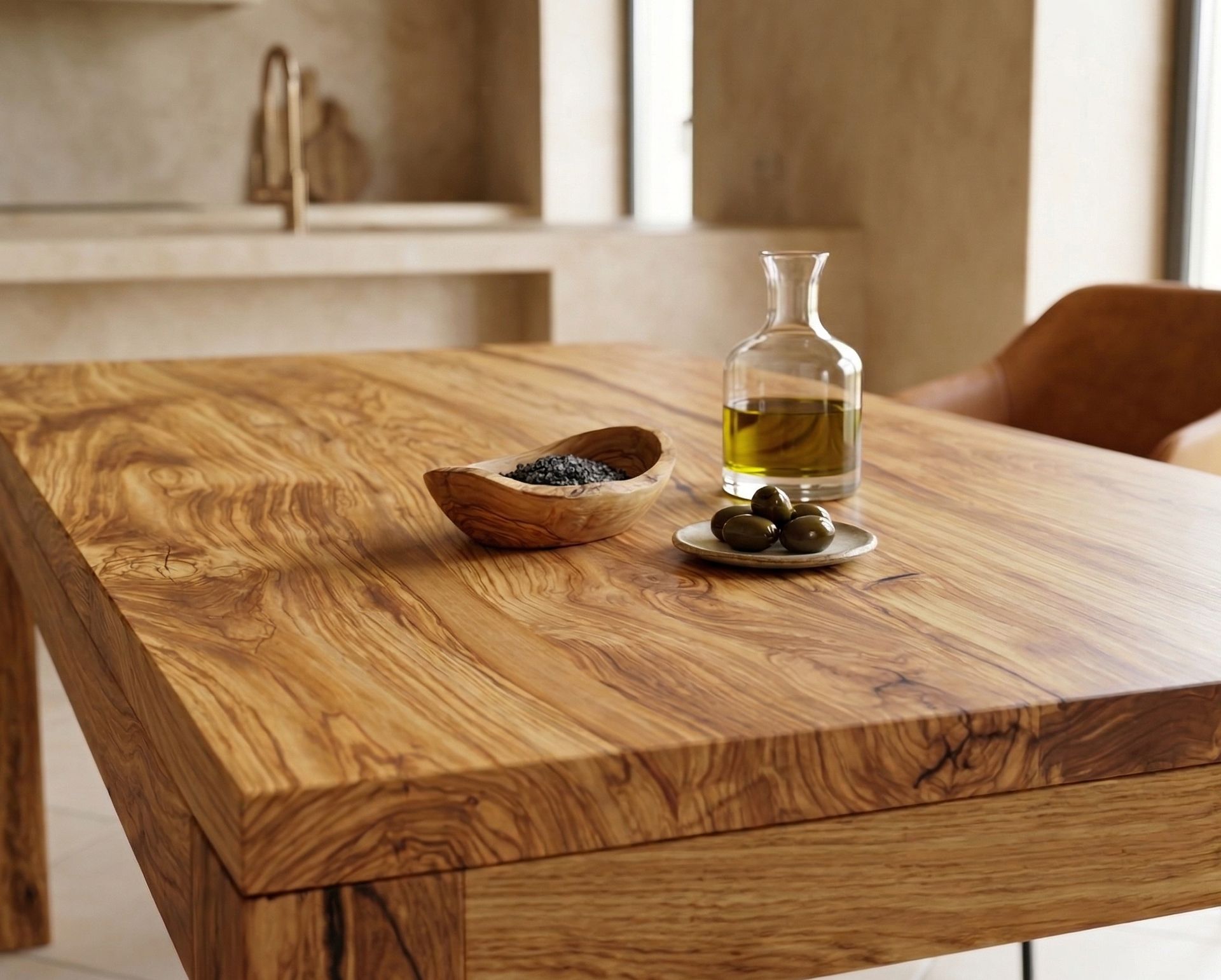 Plateau de table en bois veiné. Zoom sur le veinage saisissant de l'olivier massif.