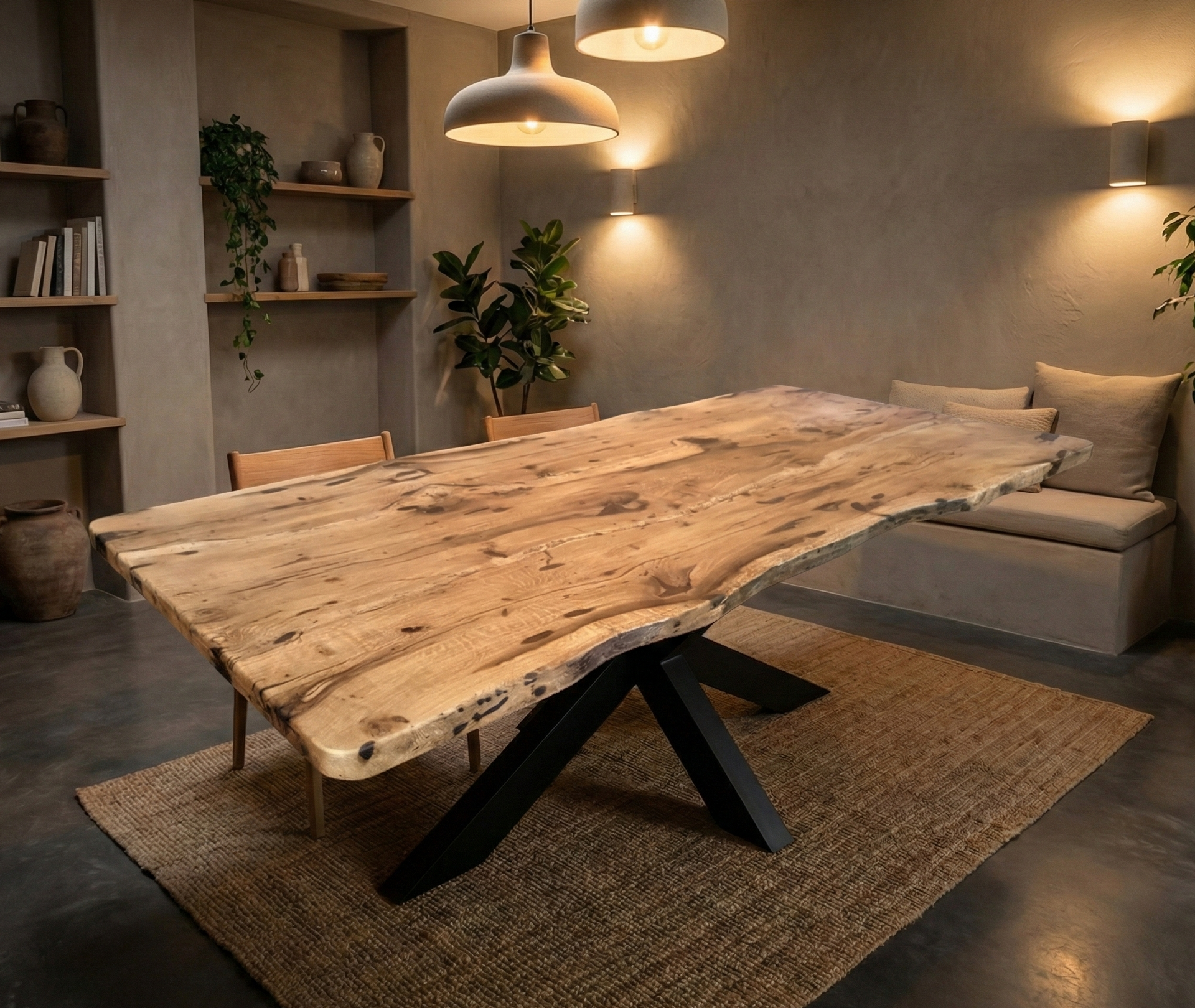 Table sur mesure personnalisée en chêne massif live edge avec son pied central noir mikado.