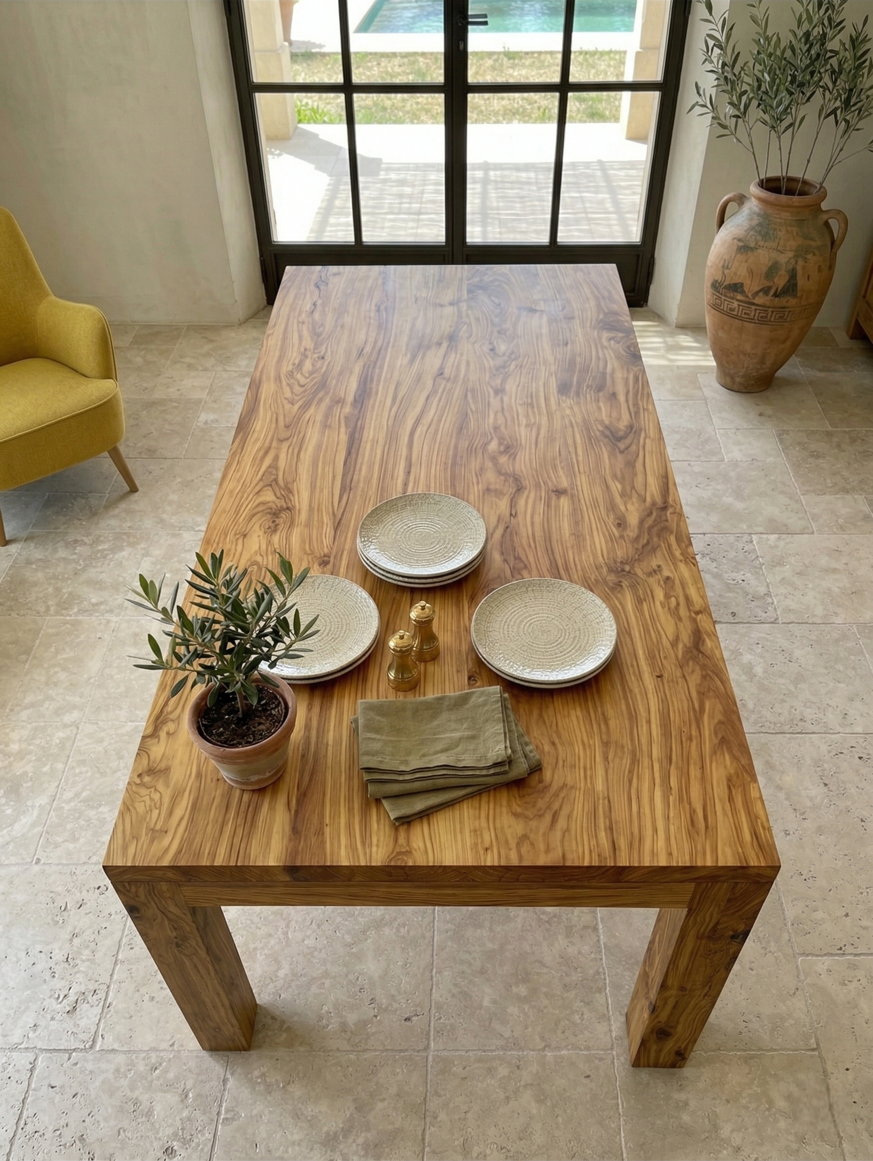 Table de salle à manger artisanale en olivier massif au veinage marqué, décorée avec de la vaisselle et un petit olivier en pot, dans un intérieur lumineux avec sol en pierre