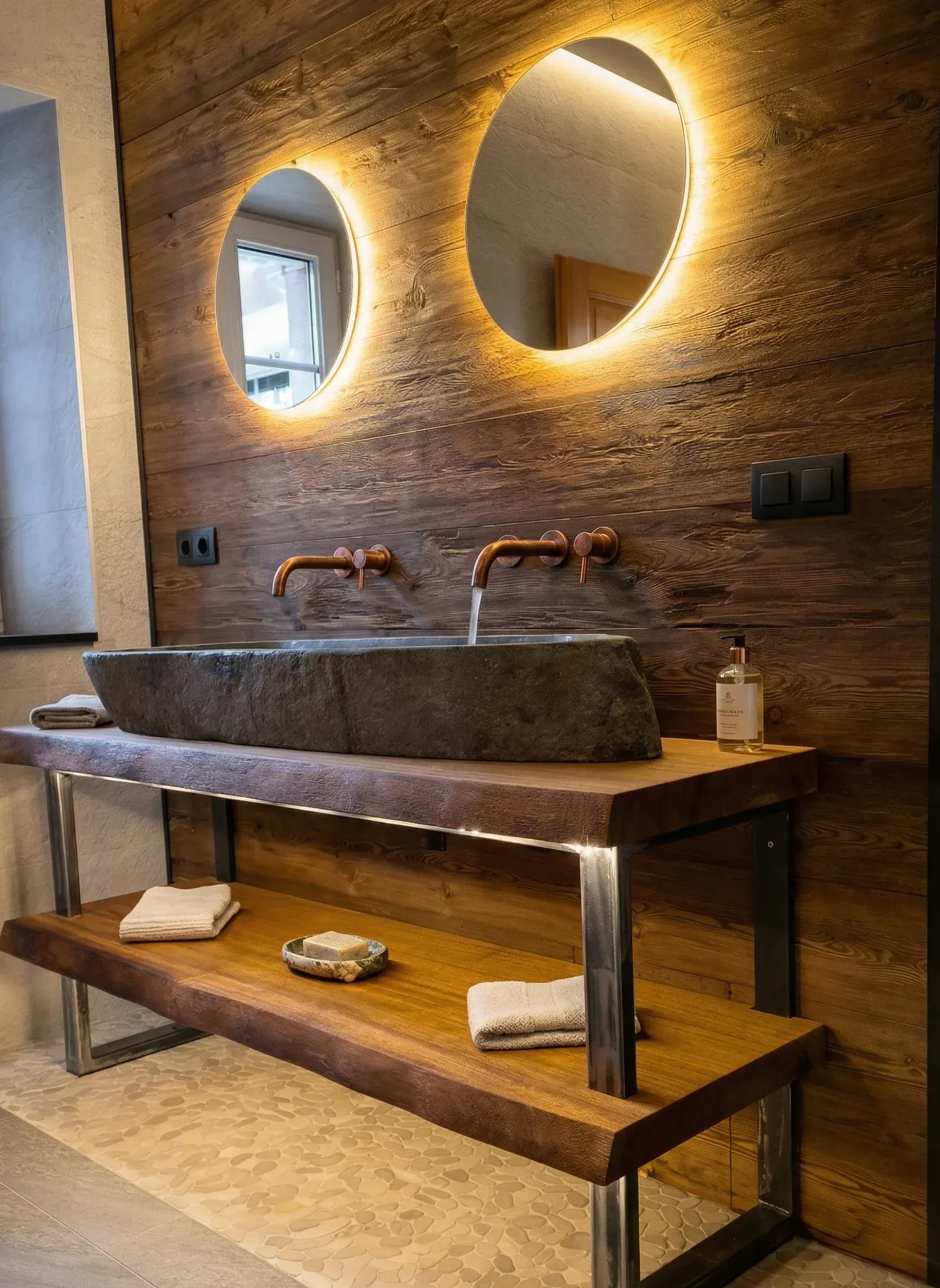Meuble de salle de bain en bois d'iroko massif et acier brut brossé, style industriel chic