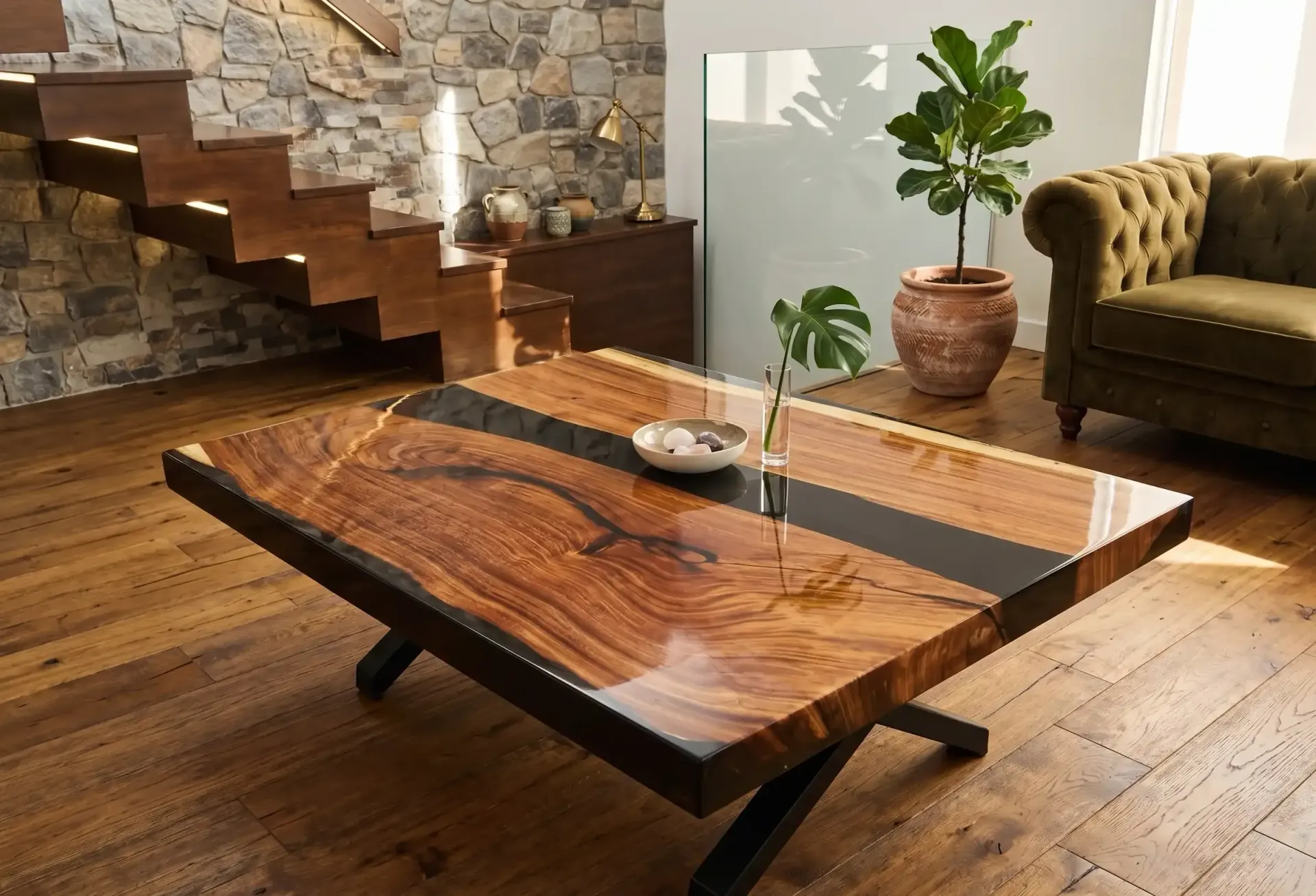 Table basse rectangulaire de style moderne en résine dans un salon au design cosy