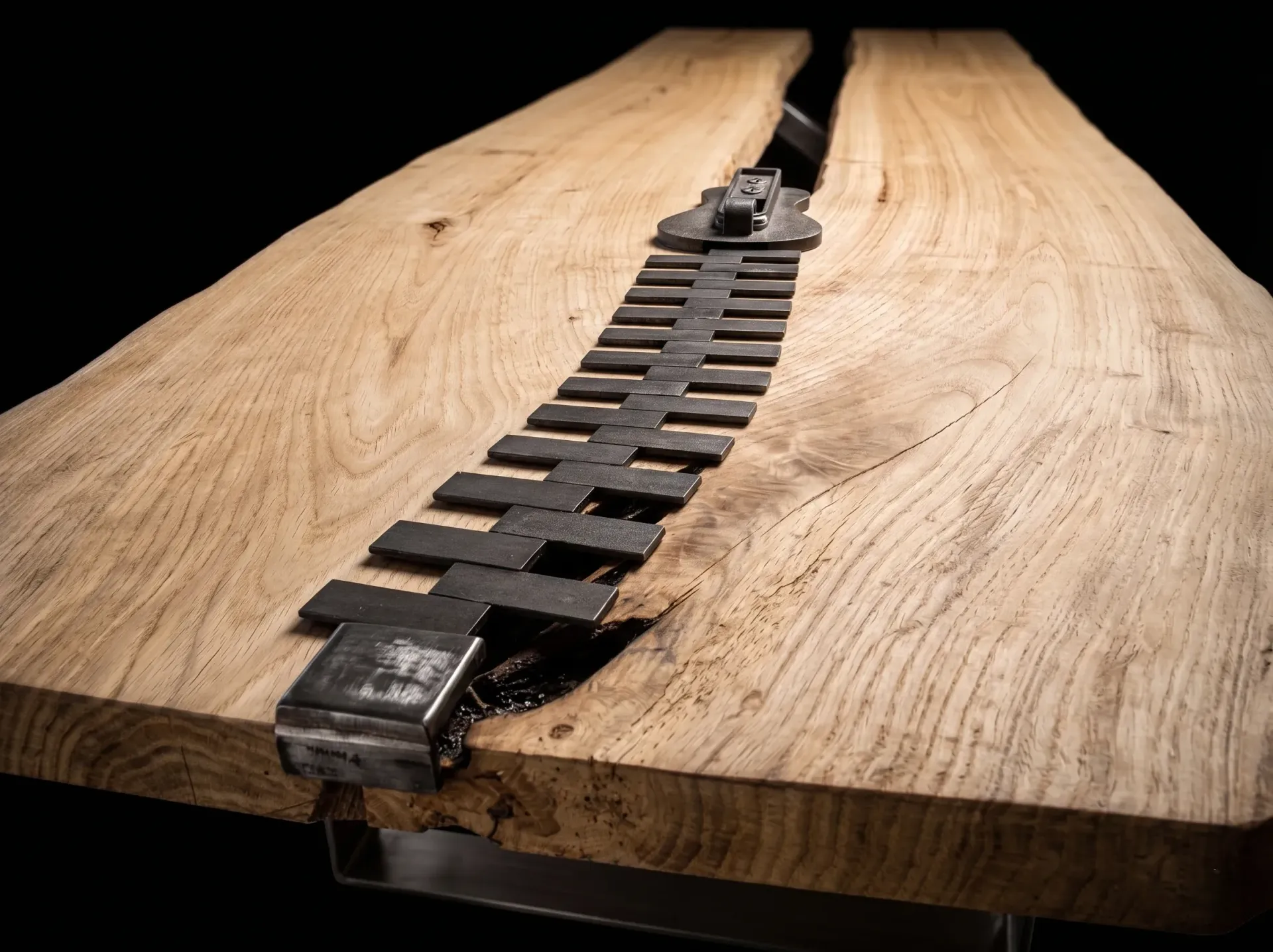 Table d'honneur artisanale en bois massif avec design imitation fermeture éclair. Idéale pour showroom, vitrine ou scénographie de produits.