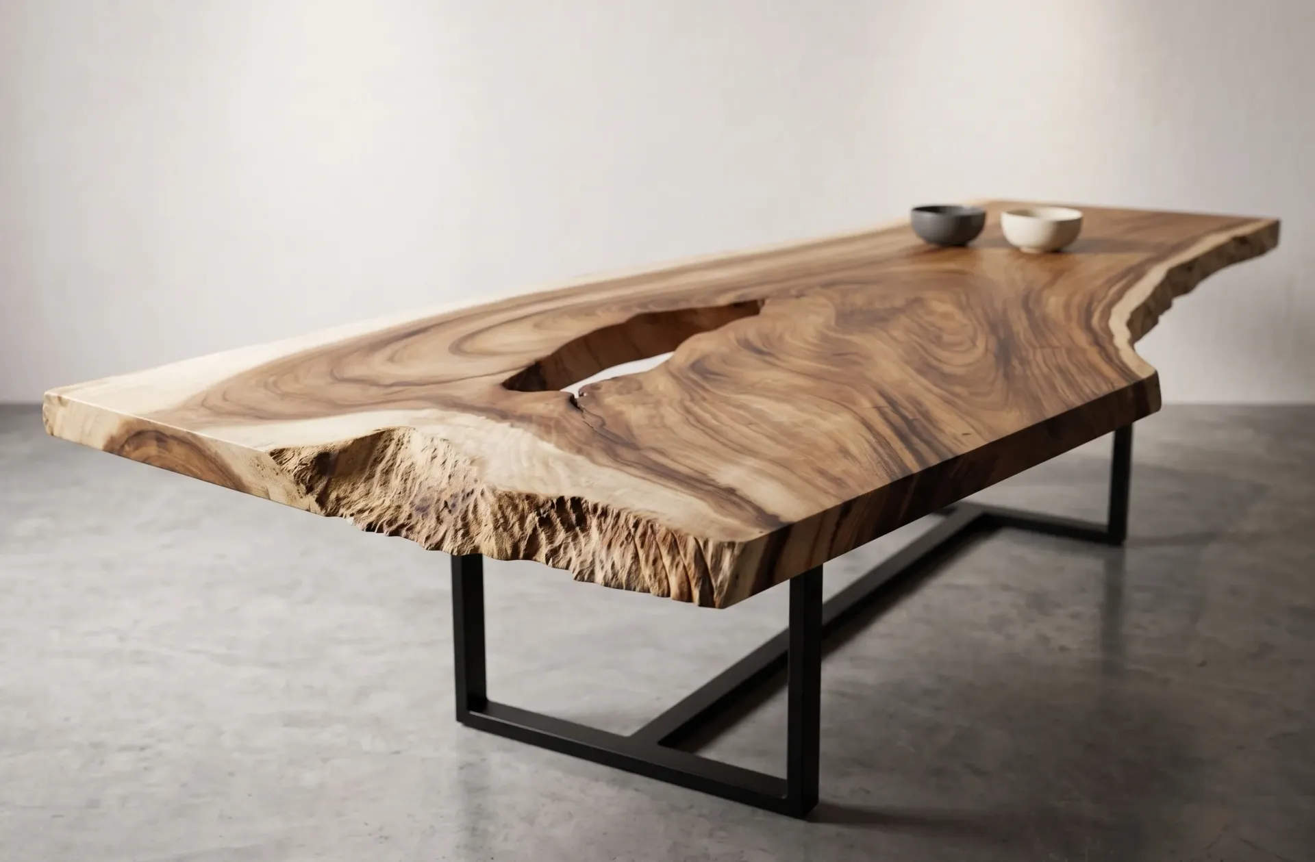 Plateau de table live edge en bois de suar massif, avec un veinage contrasté et une ouverture naturelle unique au centre