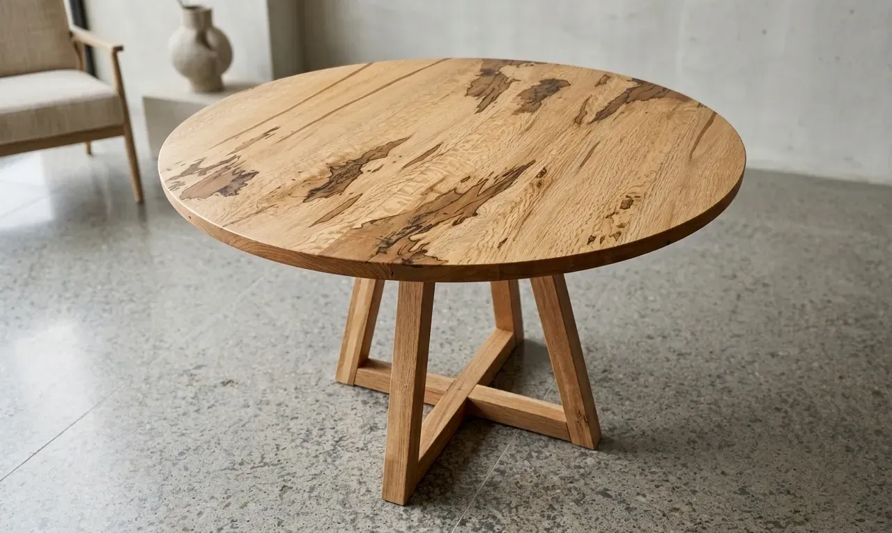 Table ronde en bois massif. Pied central en croix. Assemblage sans vis apparentes.