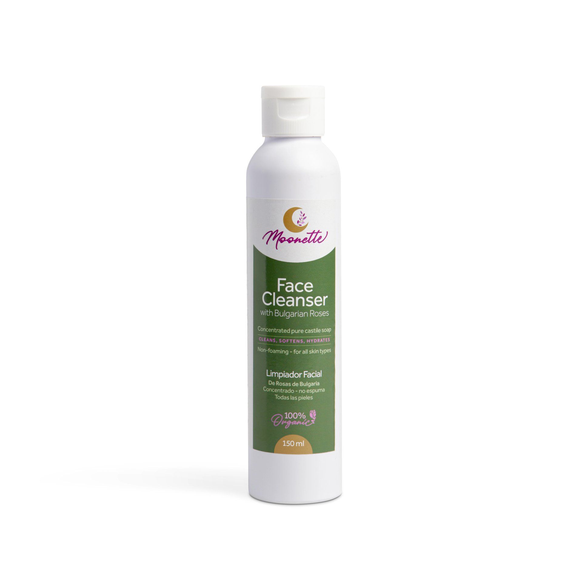 Limpiador facial orgánico Moonette con rosas de Bulgaria. Jabón de Castilla concentrado para piel sensible, 150ml.