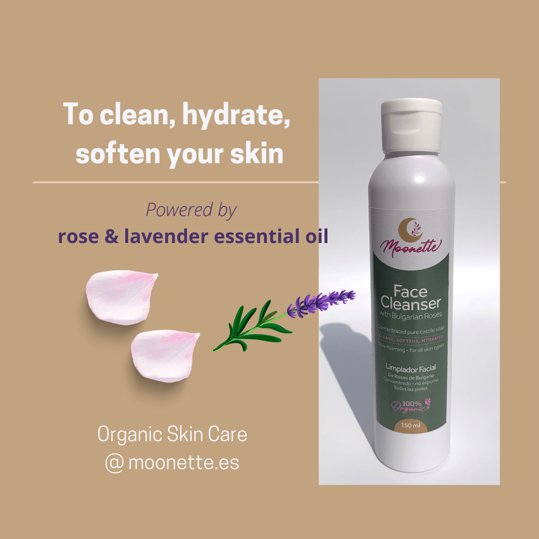 A bottle of face cleanser with Bulgarian roses