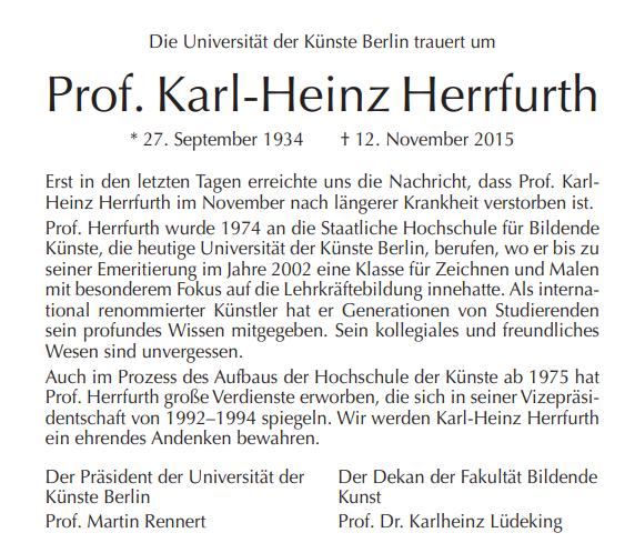Herrfurth, Karl-Heinz, Nachruf der UdK Berlin, 2015