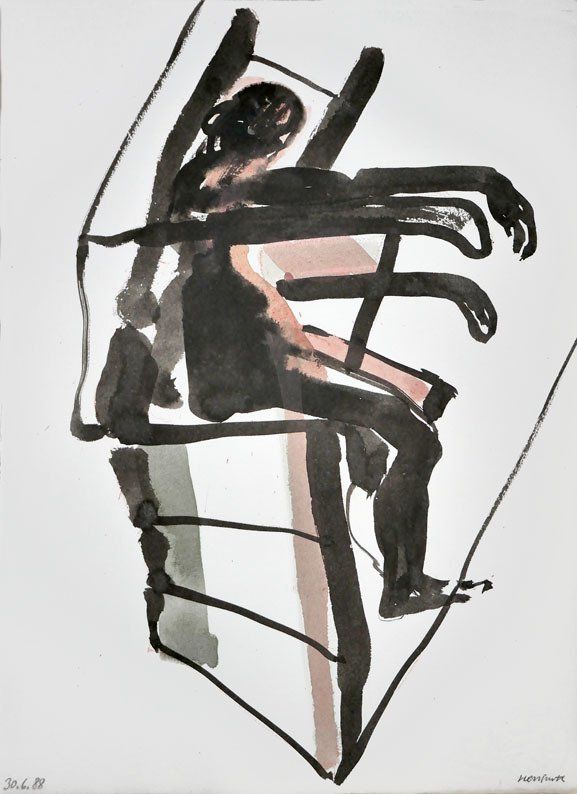 Karl-Heinz Herrfurth, Hommage an Bacon, 1988, Zeichentusche und Beize auf Büttenpapier, 38 x 28 cm