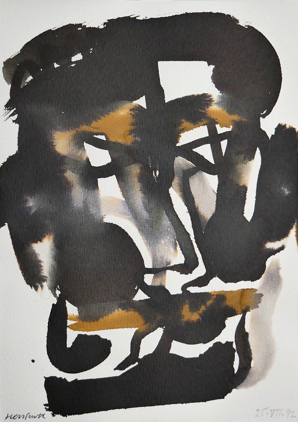 Karl-Heinz Herrfurth, Masken 1992, Mischtechnik mit Sepia, Beize, z.T. Tusche