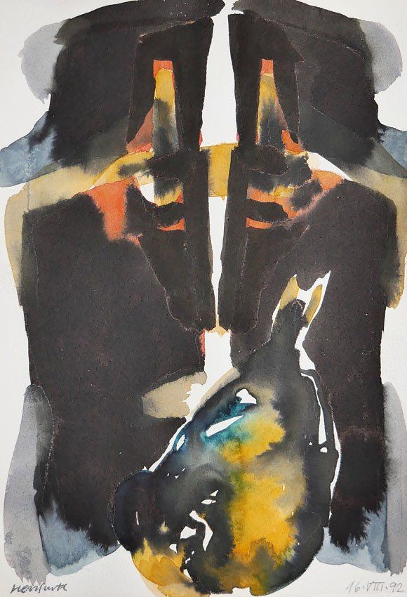 Karl-Heinz Herrfurth, Masken 1992, Mischtechnik mit Sepia, Beize, z.T. Tusche