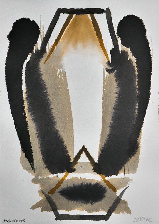 Karl-Heinz Herrfurth, Masken 1992, Mischtechnik mit Sepia, Beize, z.T. Tusche