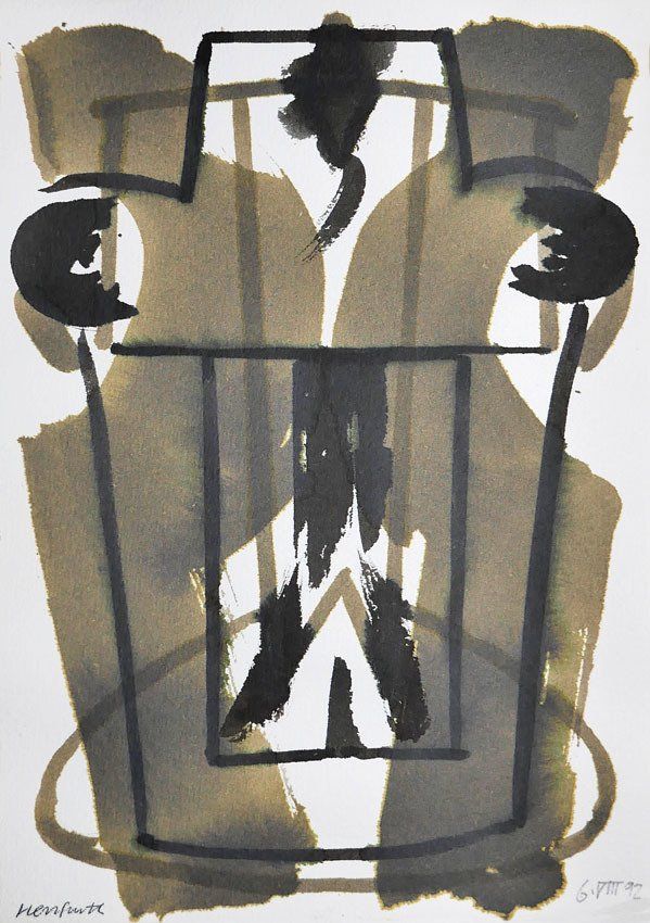 Karl-Heinz Herrfurth, Masken 1992, Mischtechnik mit Sepia, Beize, z.T. Tusche