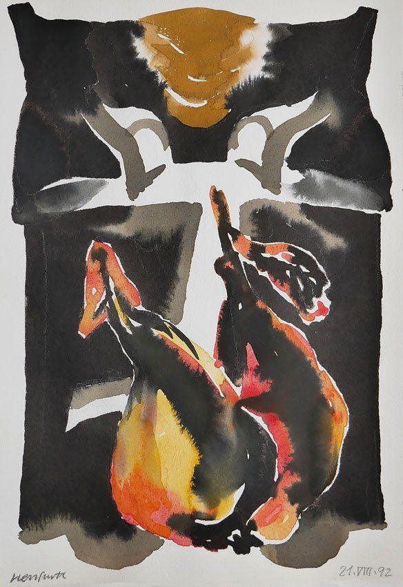 Karl-Heinz Herrfurth, Masken 1992, Mischtechnik mit Sepia, Beize, z.T. Tusche