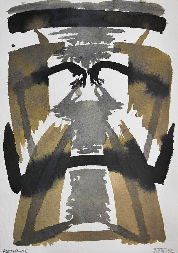 Karl-Heinz Herrfurth, Masken 1992, Mischtechnik mit Sepia, Beize, z.T. Tusche