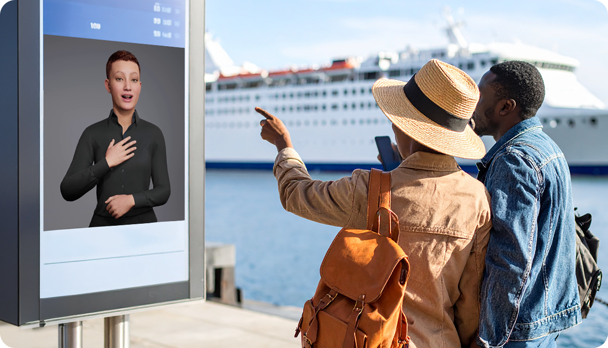 Ein Paar steht vor einem Gebärdensprach-Avatar Terminal am Hafen