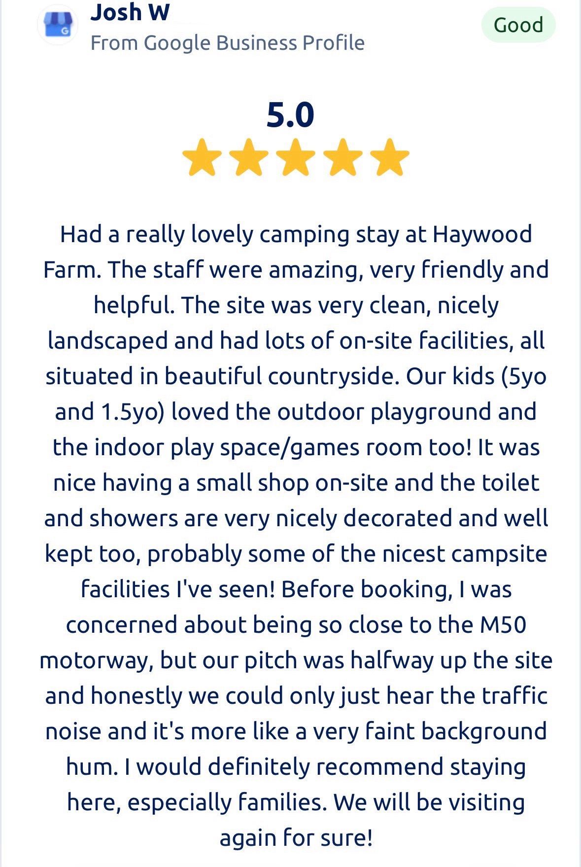 Fantastic review, Call : 01989 720672 or 07568 940408, email: info@haywoodfarm.co.uk to book