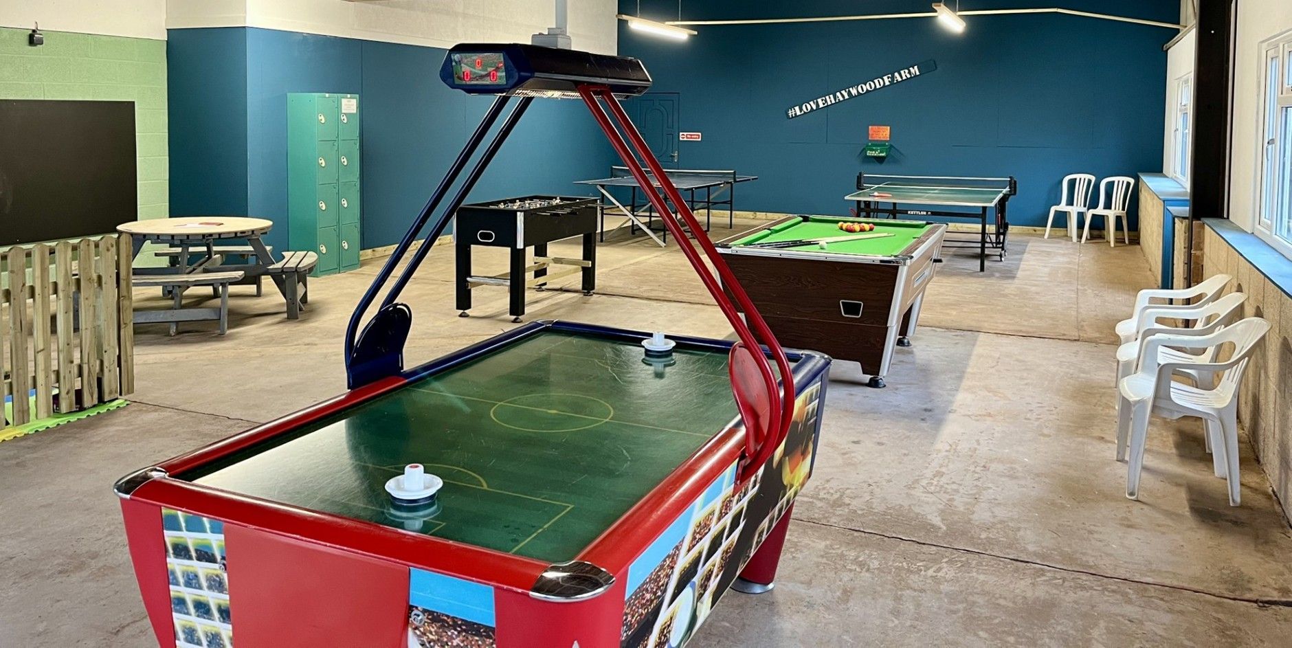 Large games room, with under 5's area. Play house, toy kitchen, black board, table tennis, air hockey, pool, table football