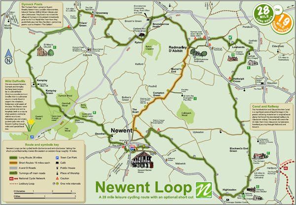 Map of Newent loop showing 19 mile or 28 mile routes ideal for cycling, Call : 01989 720672 or 07568 940408