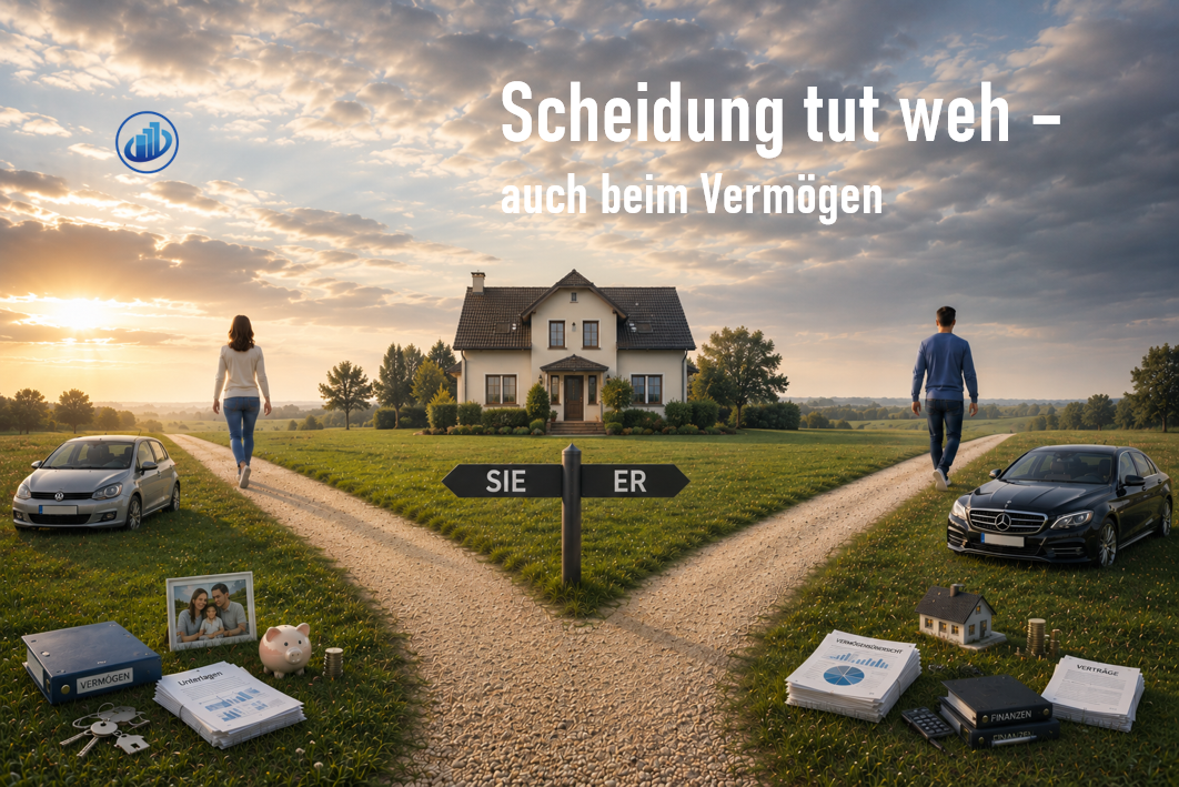 Getrennte Wege nach einer Scheidung als Symbol für die Neuordnung des Vermögens und einer finanziell
