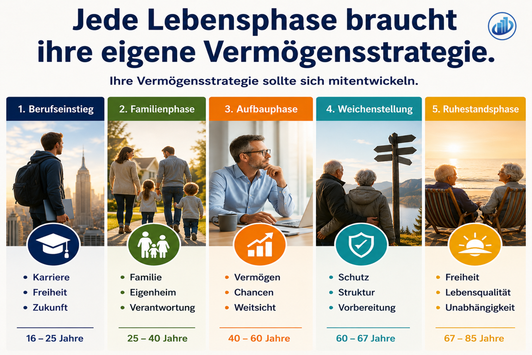 Lebensphasen und Vermögensstrategie – Berufseinstieg, Familienphase, Aufbauphase, Weichenstellung so