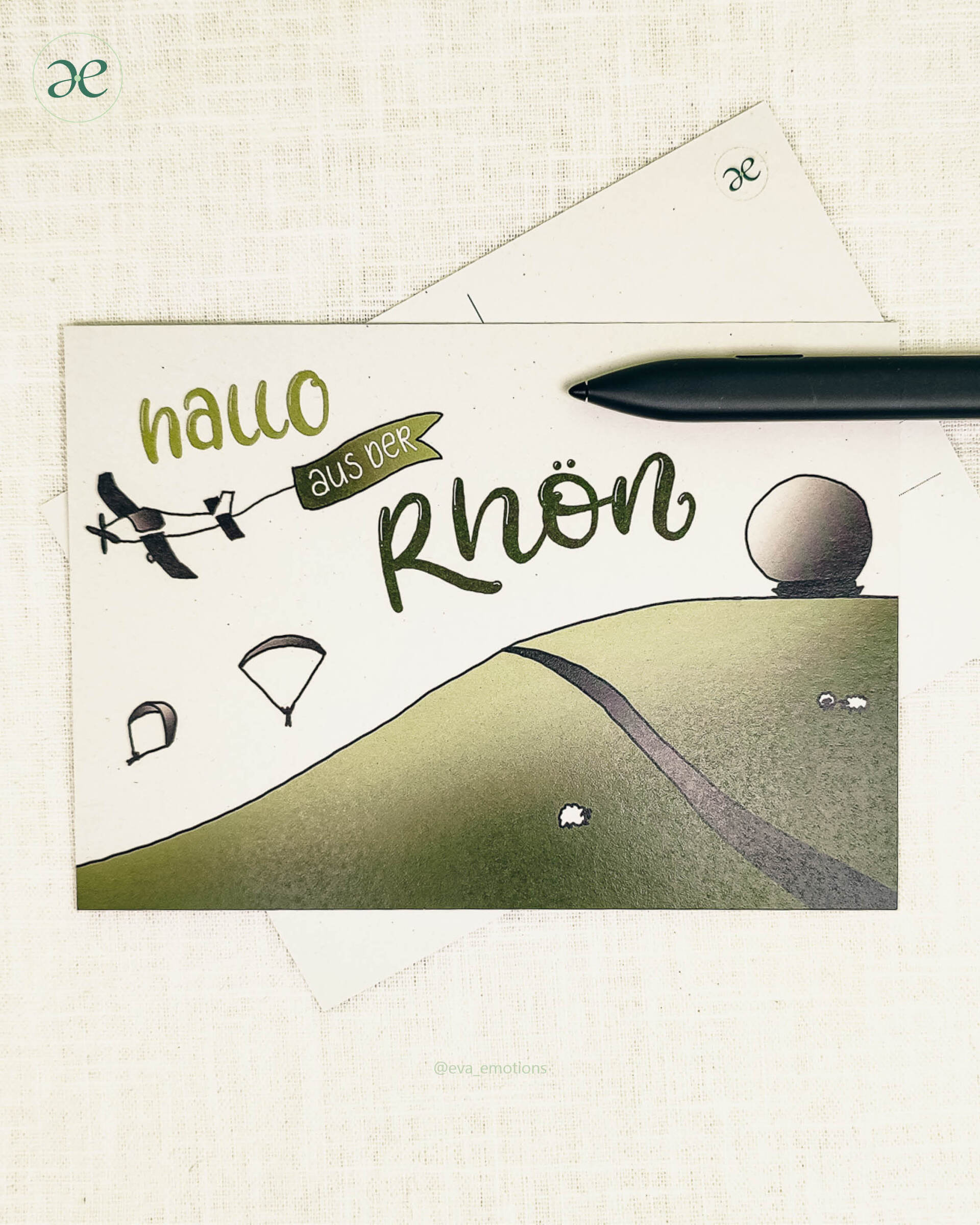 Postkarte Rhön Wasserkuppe Berg der Flieger Motiv Hallo Grußkarte