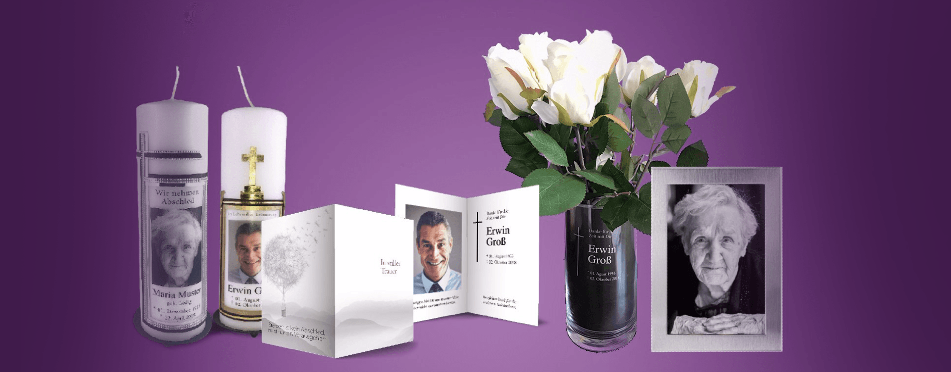 Trauerdruckprodukte, Sterbekarten, Trauerkerzen, Gedenkkarten, Danksagungskarten, Vasen mit Gravur Bild mit Produkten im Trauerdruck