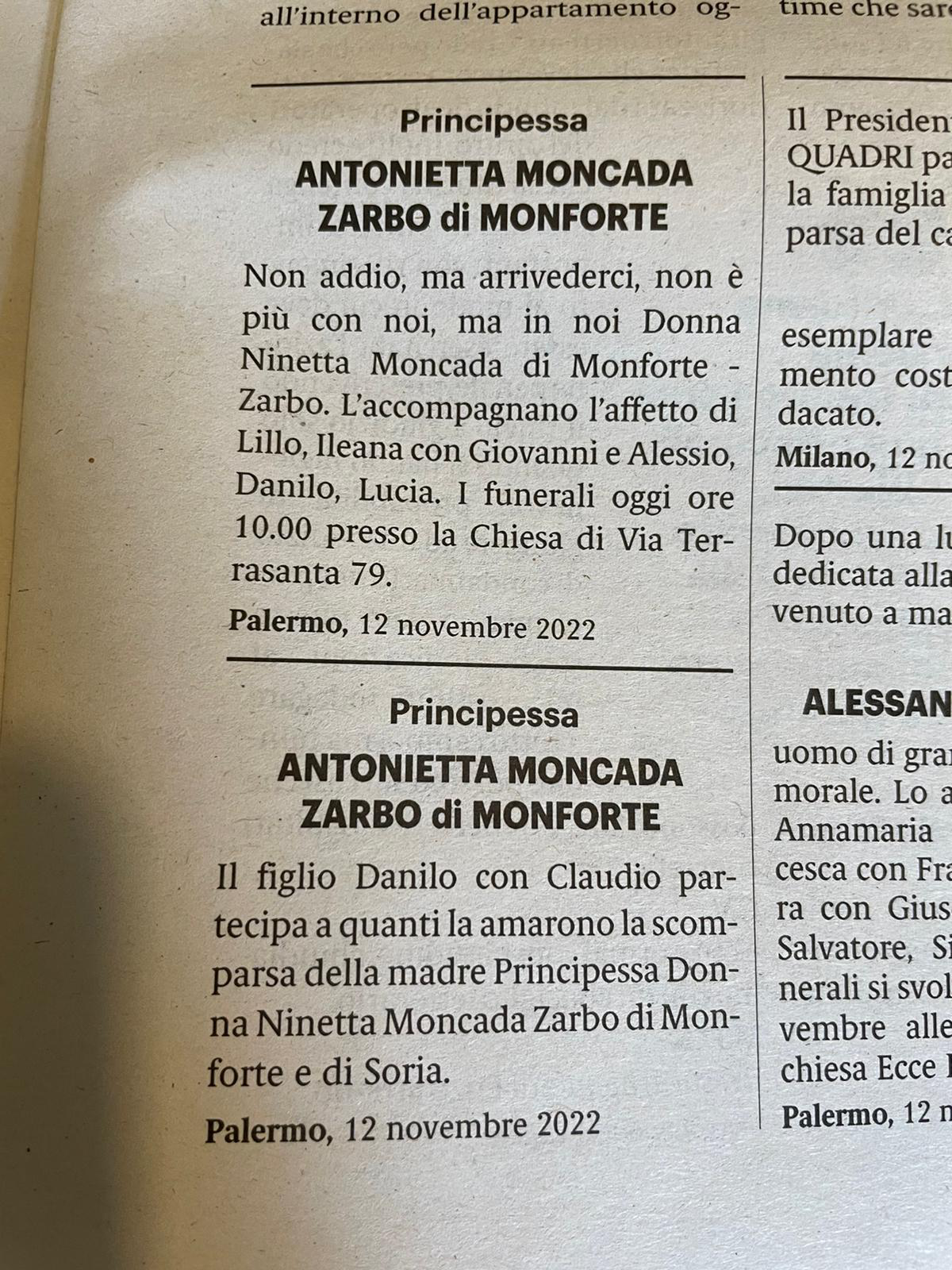 necrologio Morte principessa Antonietta Moncada Zarbo di Monforte e di Sorìa