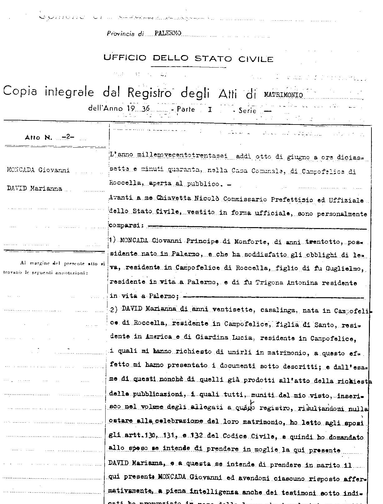 atto di matrimonio tra il principe di Monforte e di Sorìa Giovanni Moncada e la principessa Marianna