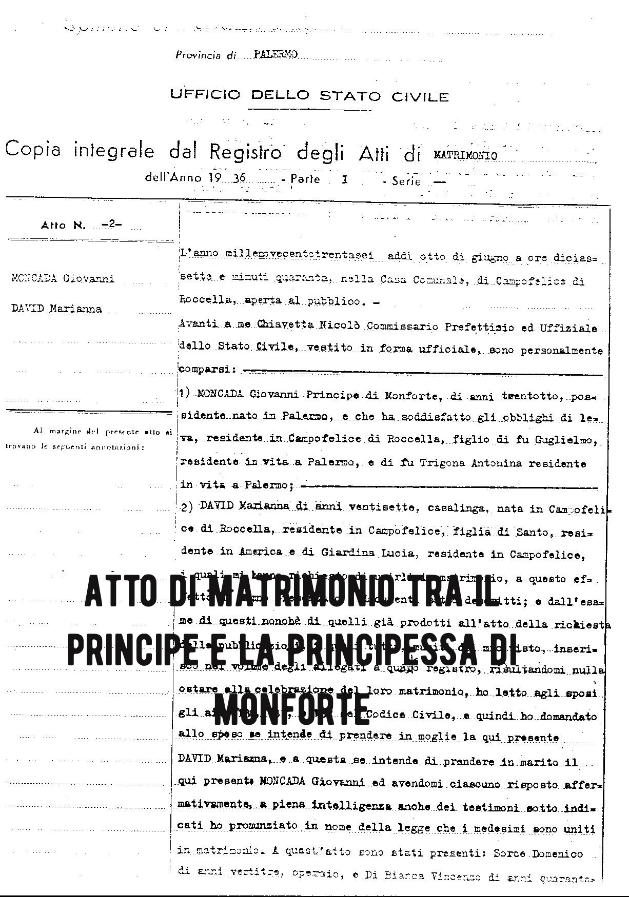atto di matrimonio Giovanni Eugenio Moncada e Trigona e Marianna David e Giardina , principi di Monforte e di Sorìa
