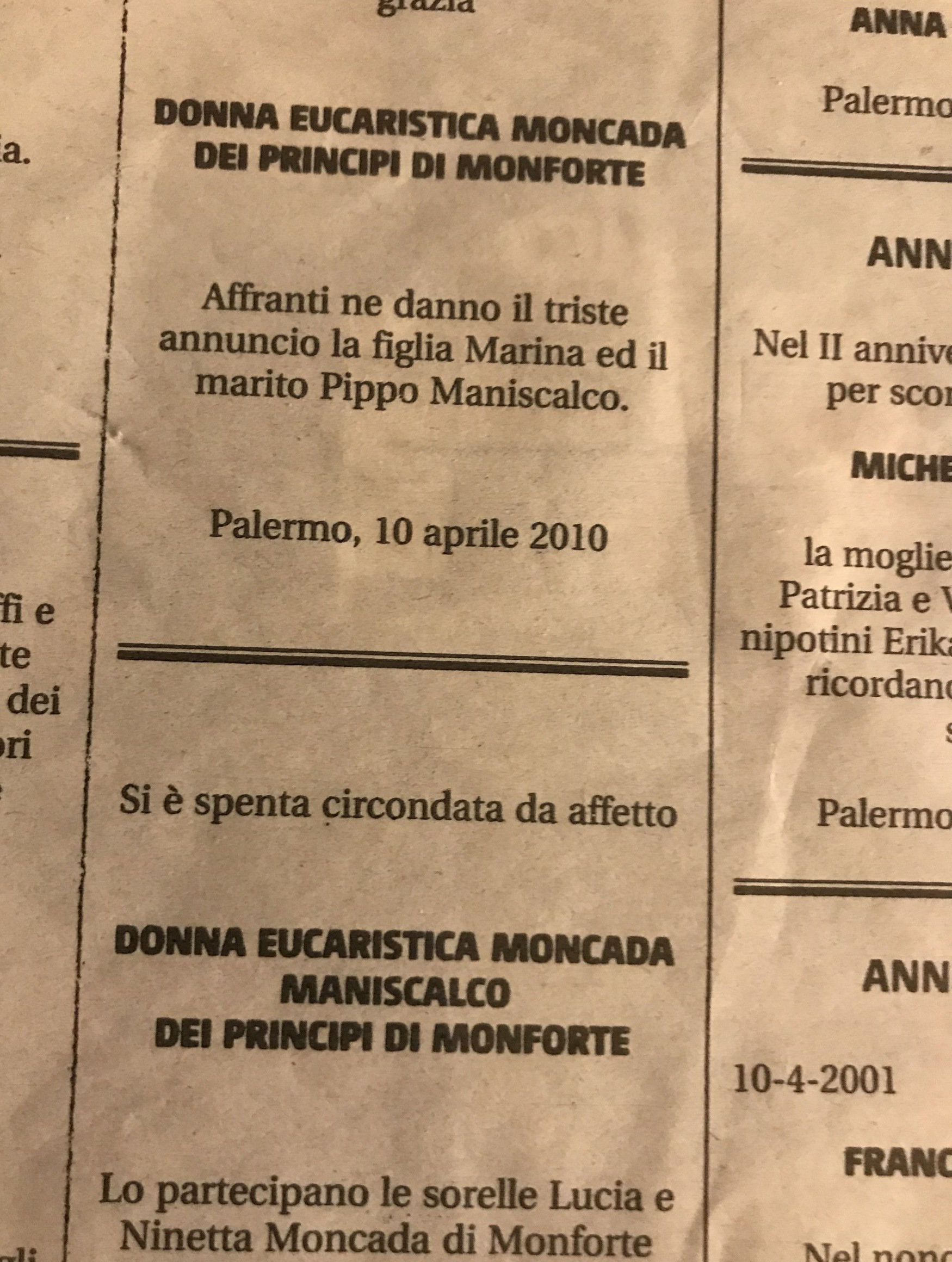 necrologio donna Eucaristica Moncada di Sorìa