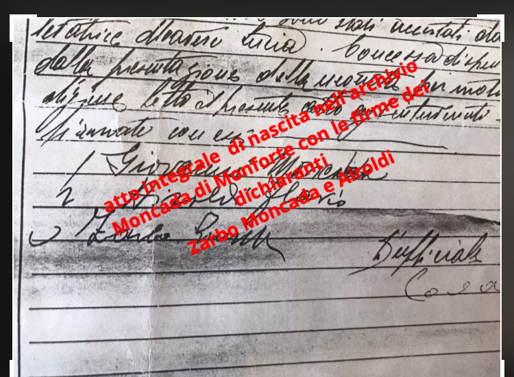 atto integrale di nascita con dichiaranti il principe Moncada di Monforte ed il cav. Zarbo
