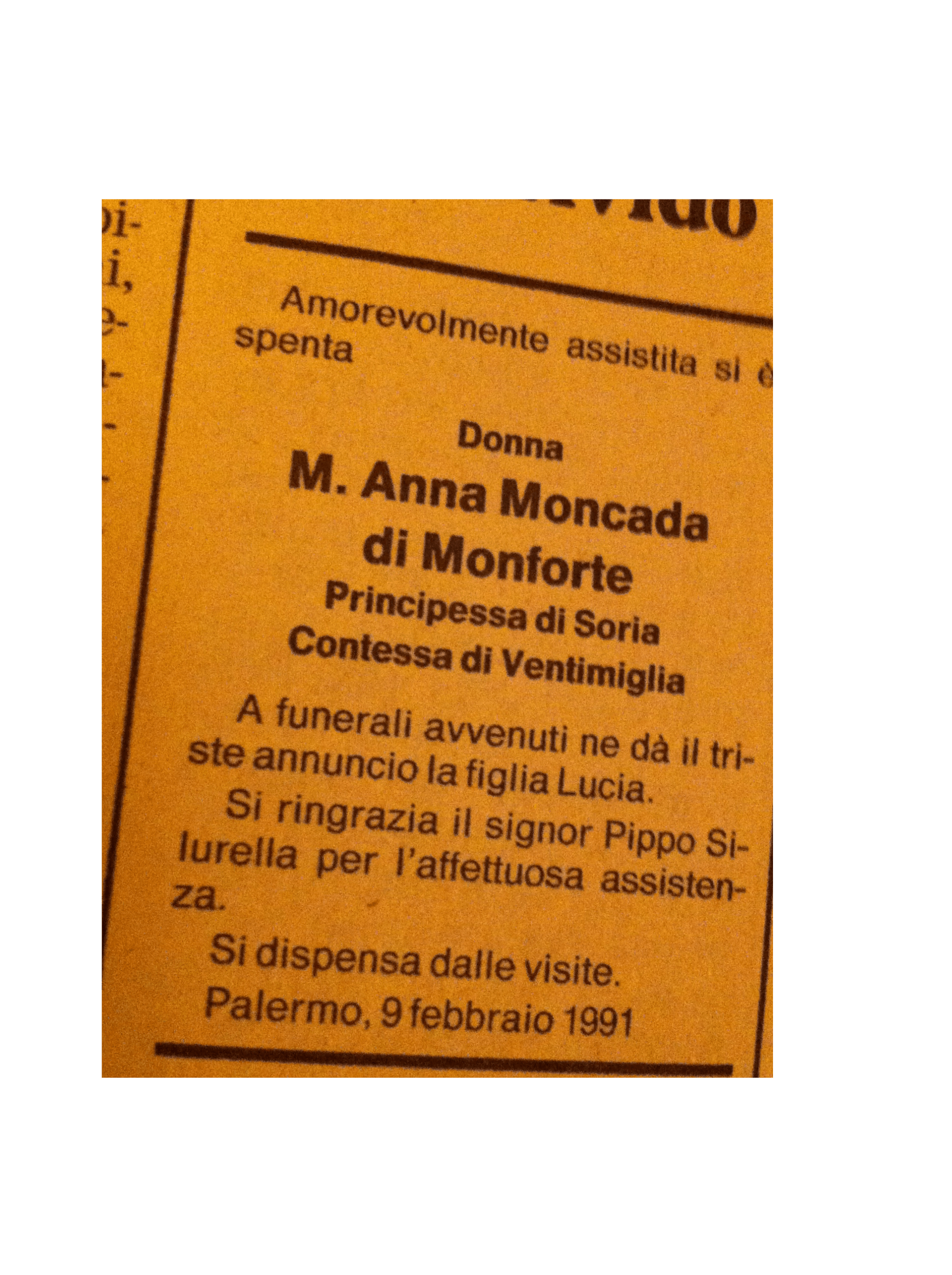necrologio principessa di Sorìa e contessa di Ventimiglia donna Marianna Moncada di Monforte