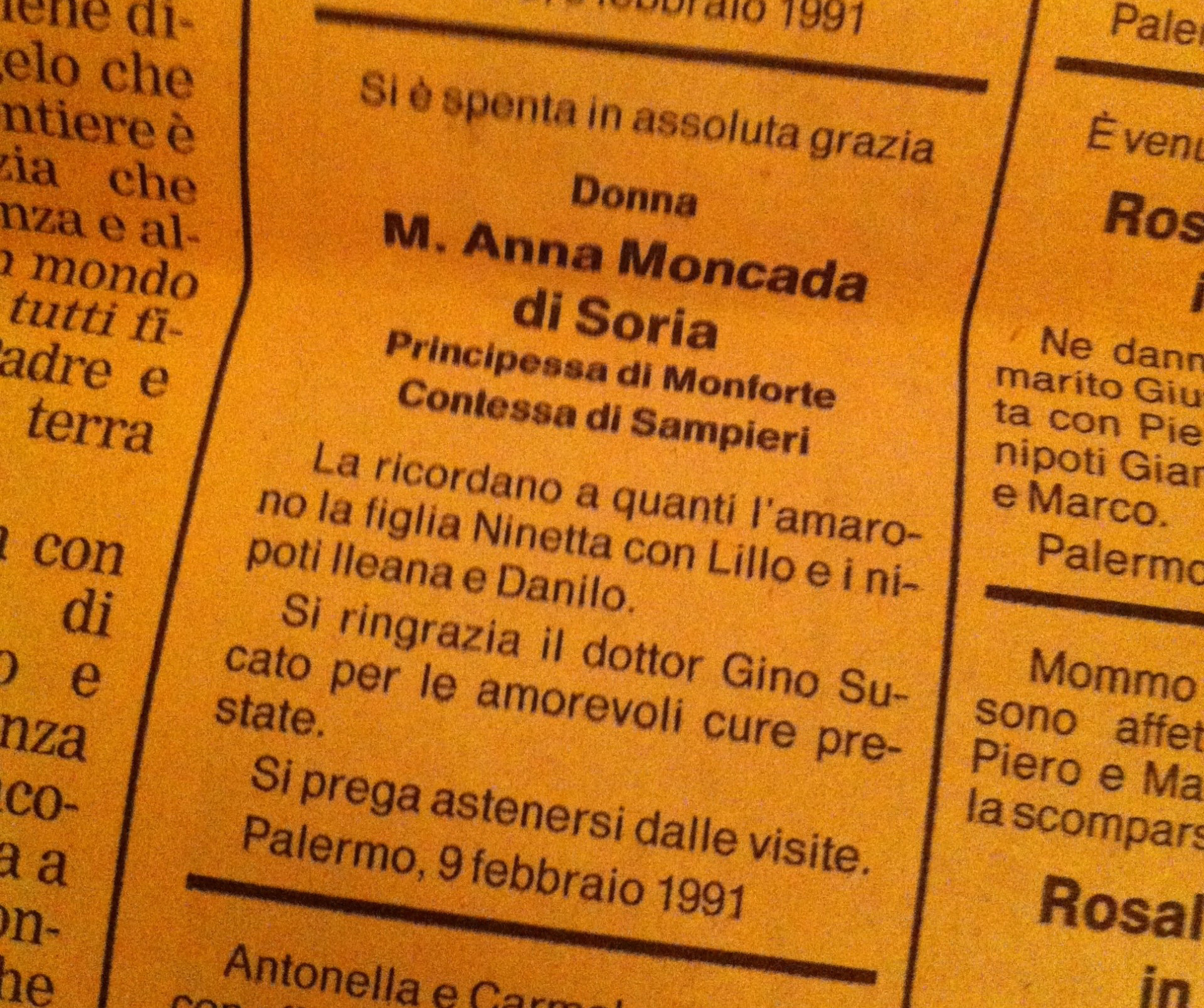 necrologio principessa di Monforte e di Sorìa e contessa di Sampieri e Ventimiglia donna Marianna Moncada di Monforte